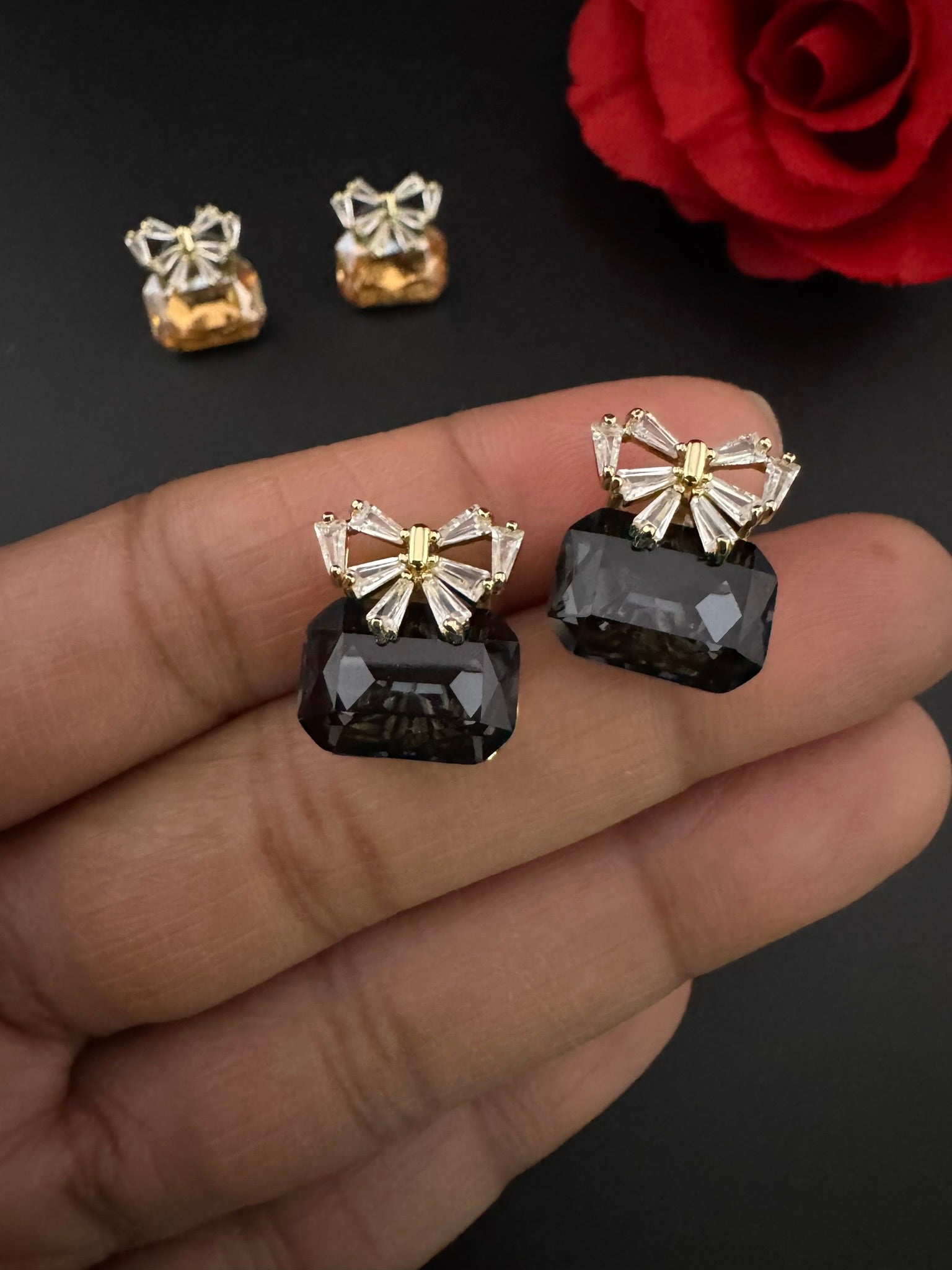 Premium Bow Cubic Zirconia and Crystal stone, gold color, Swarovski Inspired Statement earrings/Partywear earrings/kids jewelry/Small Studs
