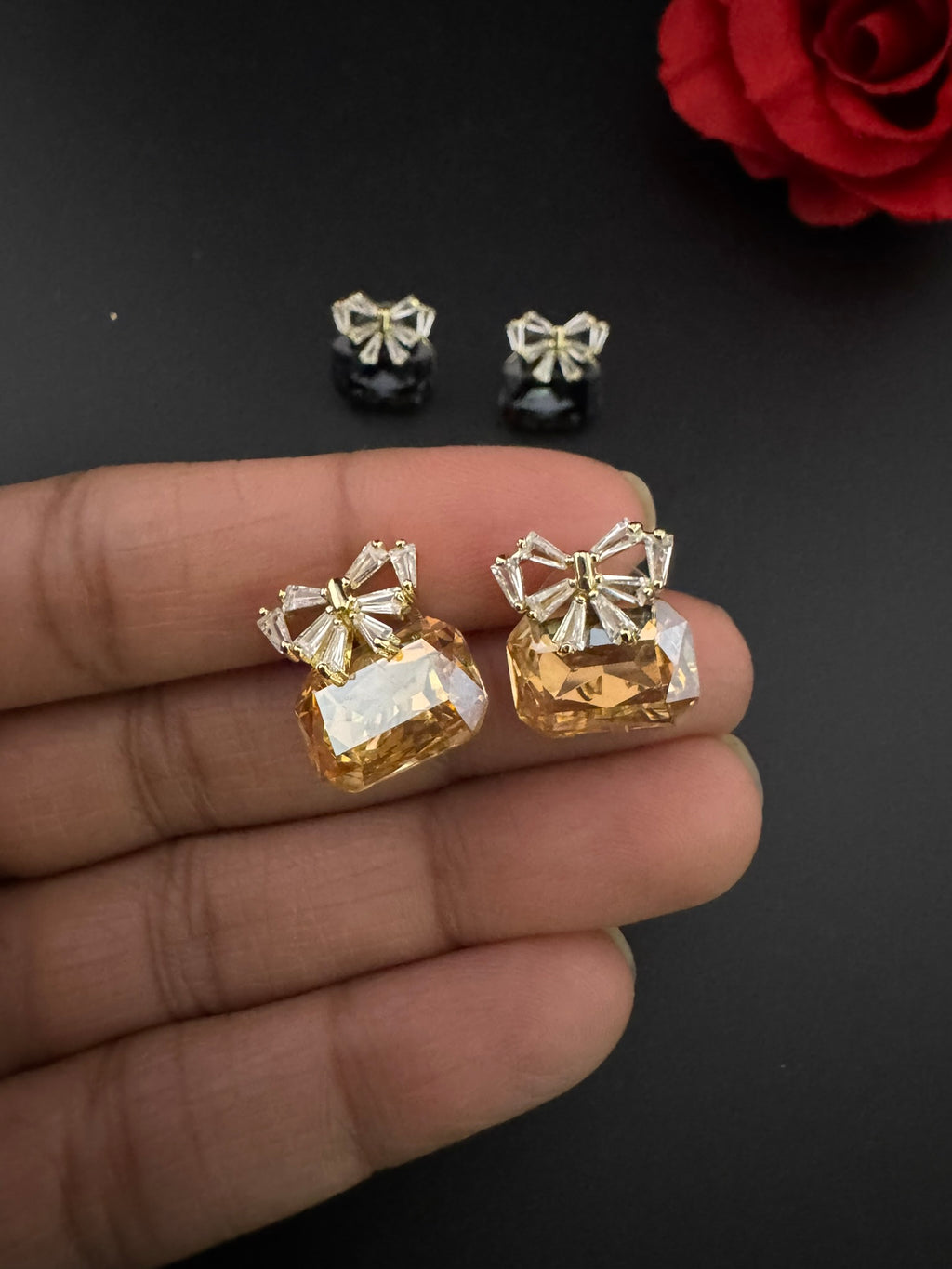 Premium Bow Cubic Zirconia and Crystal stone, gold color, Swarovski Inspired Statement earrings/Partywear earrings/kids jewelry/Small Studs