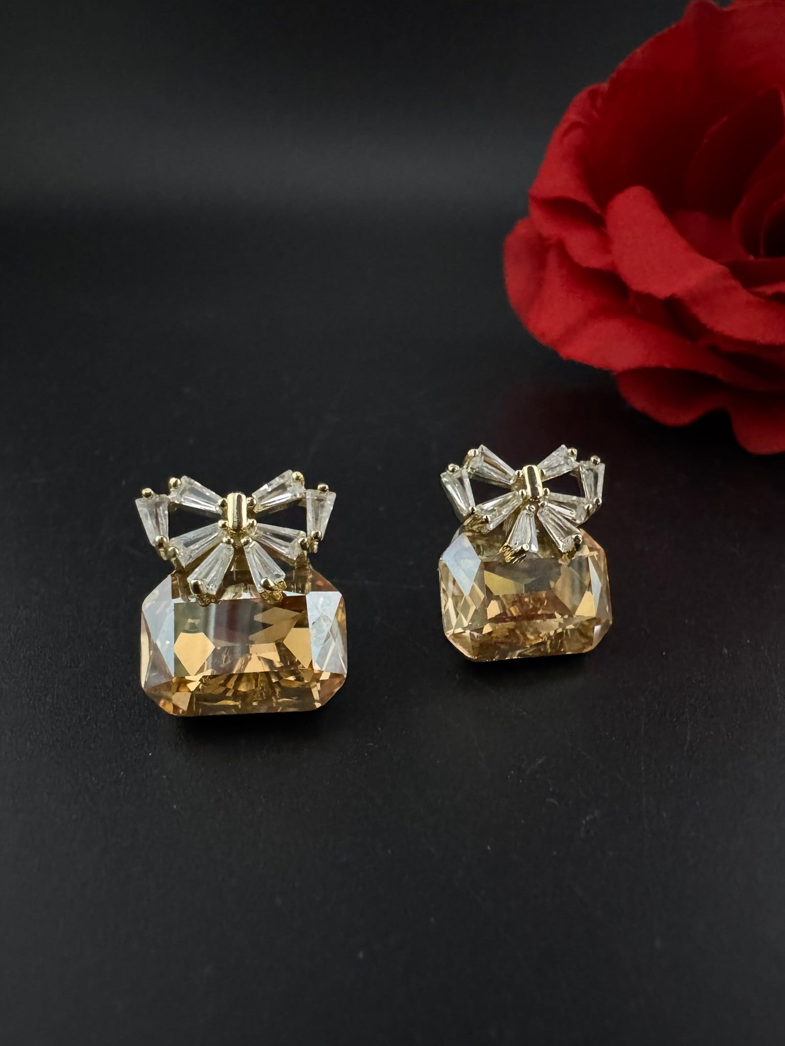 Premium Bow Cubic Zirconia and Crystal stone, gold color, Swarovski Inspired Statement earrings/Partywear earrings/kids jewelry/Small Studs