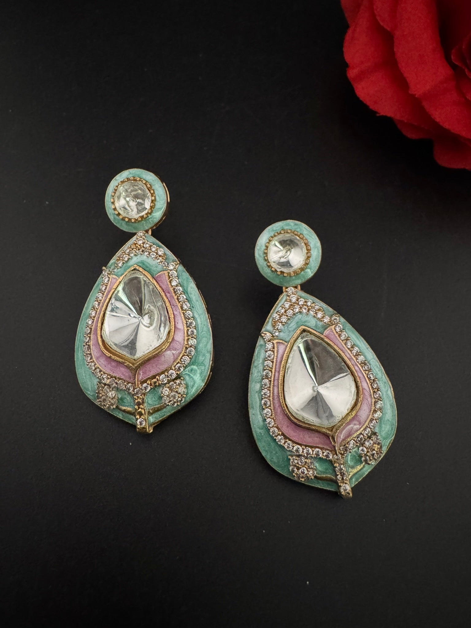 Premium uncut kundan and Cubic Zirconia with Italian Minakari is a designer dangle earrings/Indian earring/Bridal Jewelry/Designer Inspired