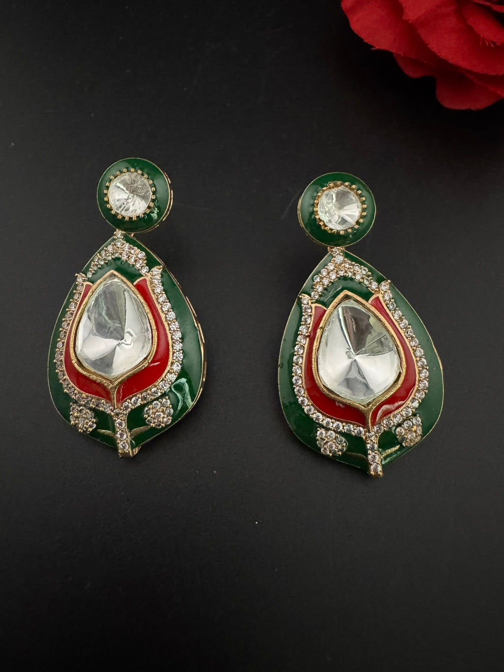 Premium uncut kundan and Cubic Zirconia with Italian Minakari is a designer dangle earrings/Indian earring/Bridal Jewelry/Designer Inspired