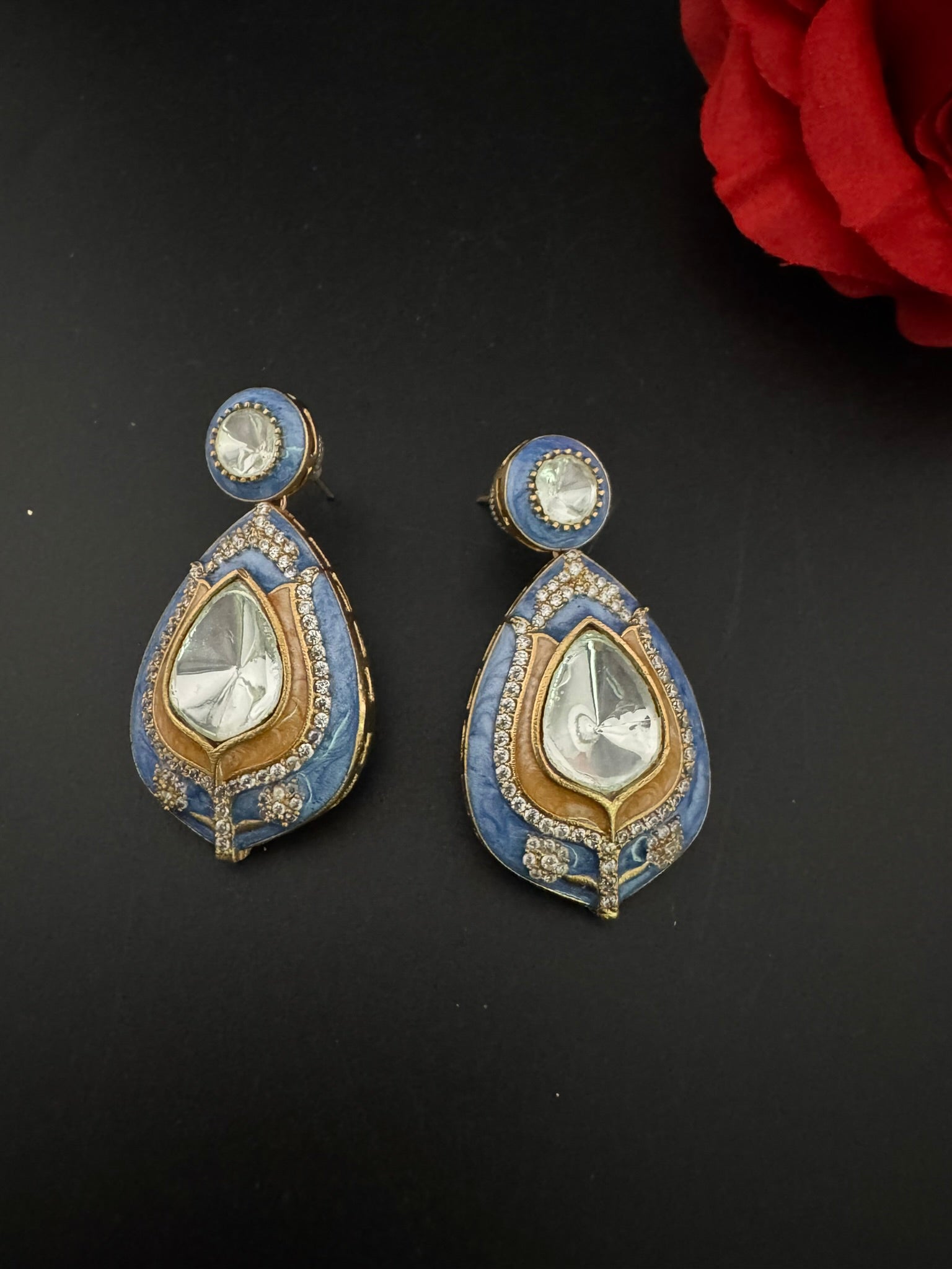 Premium uncut kundan and Cubic Zirconia with Italian Minakari is a designer dangle earrings/Indian earring/Bridal Jewelry/Designer Inspired