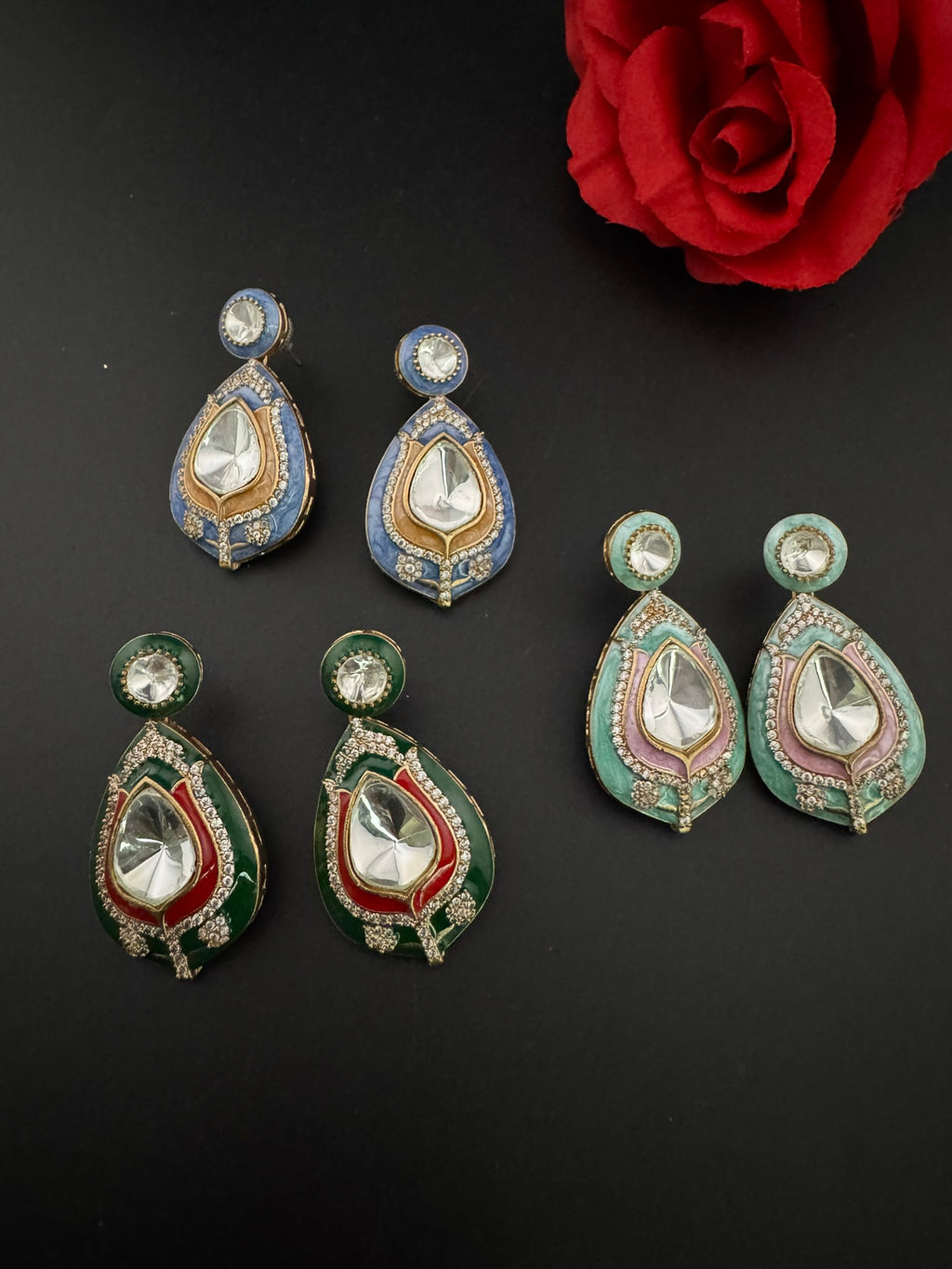 Premium uncut kundan and Cubic Zirconia with Italian Minakari is a designer dangle earrings/Indian earring/Bridal Jewelry/Designer Inspired