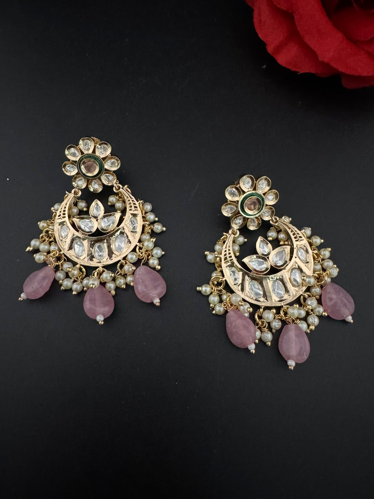 High Quality Premium Moissanite Kundan with natural stones, Pearls Tyaani inspired designer earrings/Chandelier earring/Chand Bali Earrings