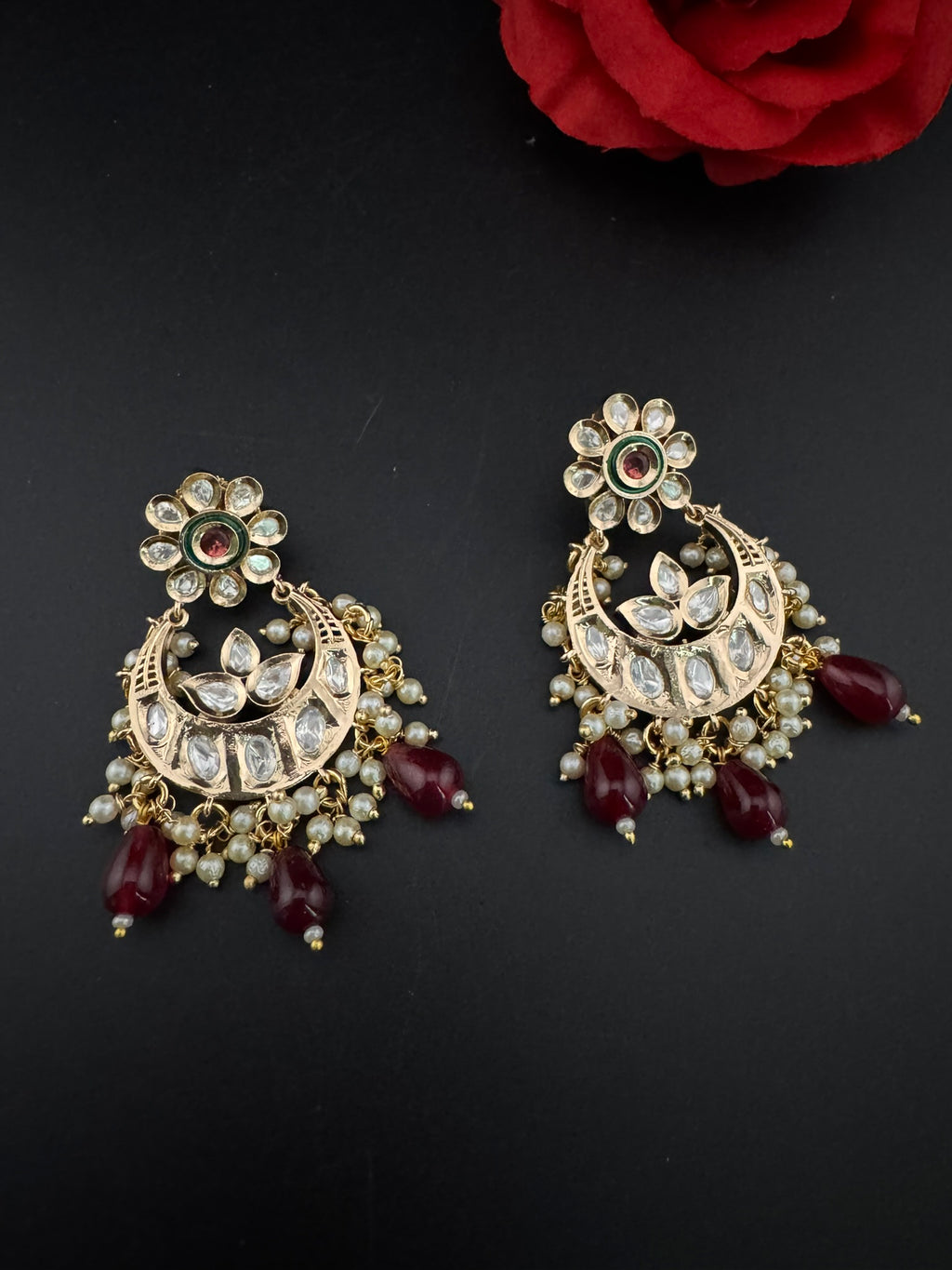 High Quality Premium Moissanite Kundan with natural stones, Pearls Tyaani inspired designer earrings/Chandelier earring/Chand Bali Earrings