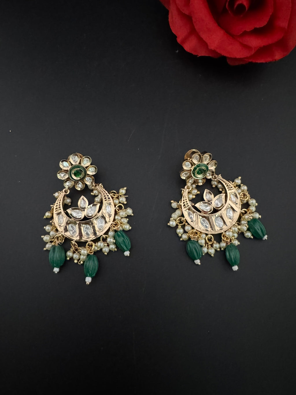 High Quality Premium Moissanite Kundan with natural stones, Pearls Tyaani inspired designer earrings/Chandelier earring/Chand Bali Earrings