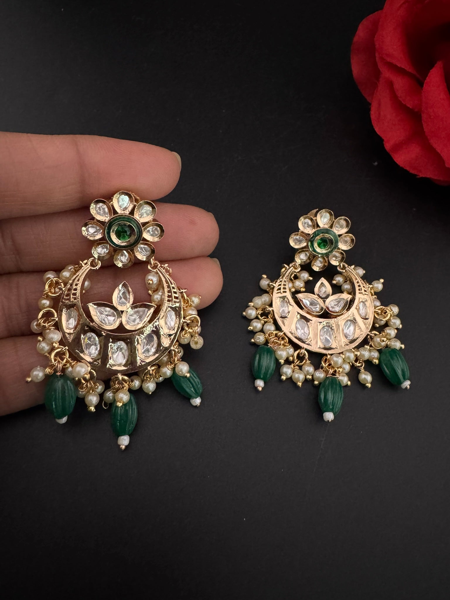 High Quality Premium Moissanite Kundan with natural stones, Pearls Tyaani inspired designer earrings/Chandelier earring/Chand Bali Earrings