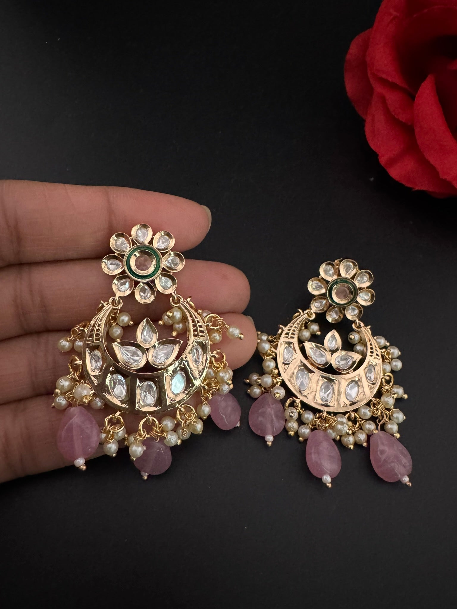 High Quality Premium Moissanite Kundan with natural stones, Pearls Tyaani inspired designer earrings/Chandelier earring/Chand Bali Earrings