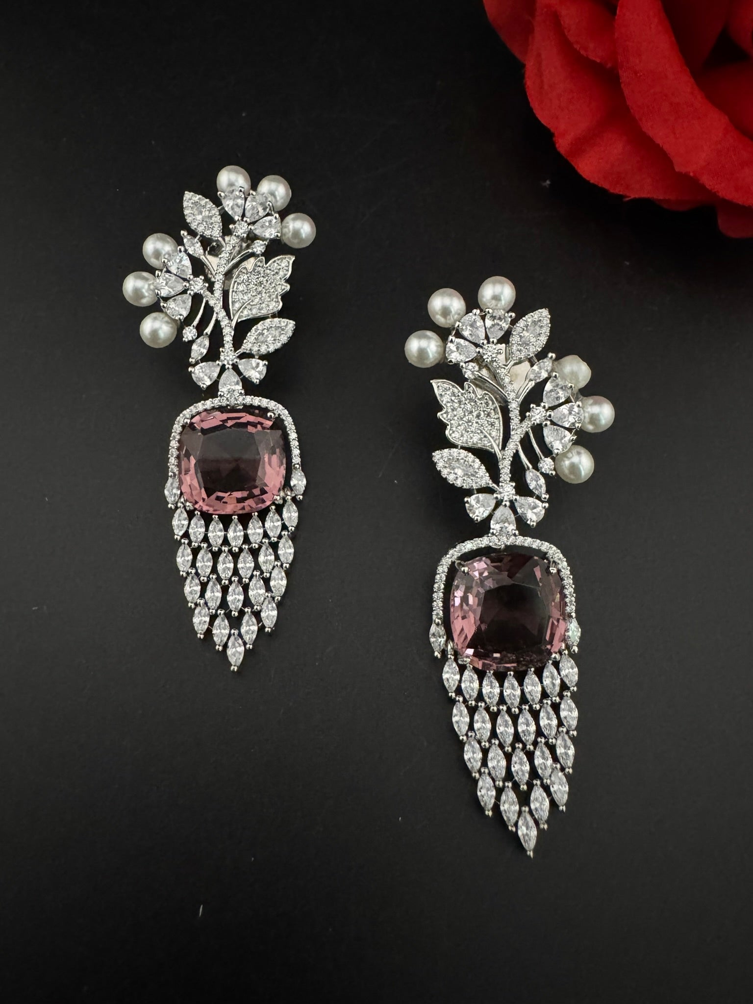 Premium Nano Setting Cubic Zirconia with Pearls is designer Inspired Statement Drop Dangle Long earring