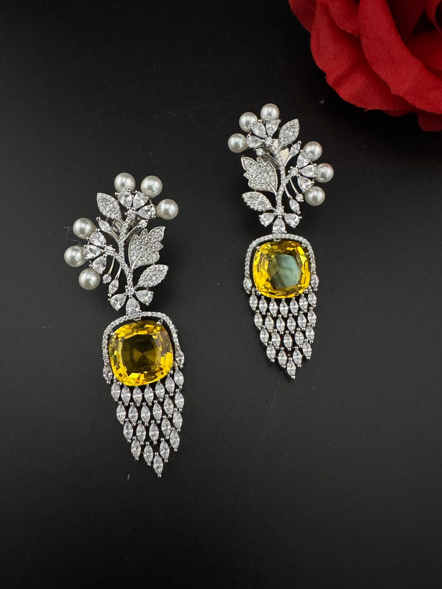 Premium Nano Setting Cubic Zirconia with Pearls is designer Inspired Statement Drop Dangle Long earring