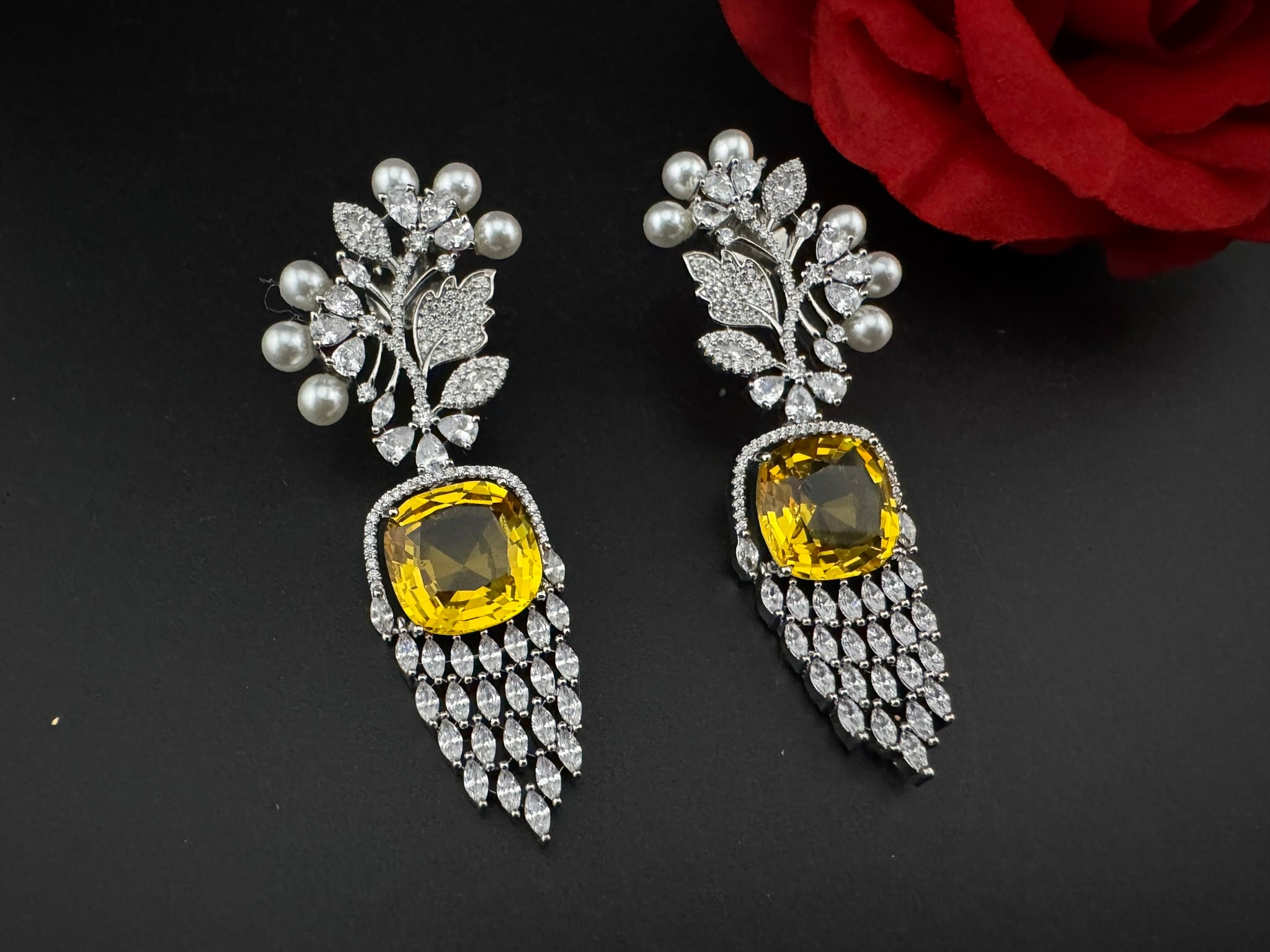 Premium Nano Setting Cubic Zirconia with Pearls is designer Inspired Statement Drop Dangle Long earring