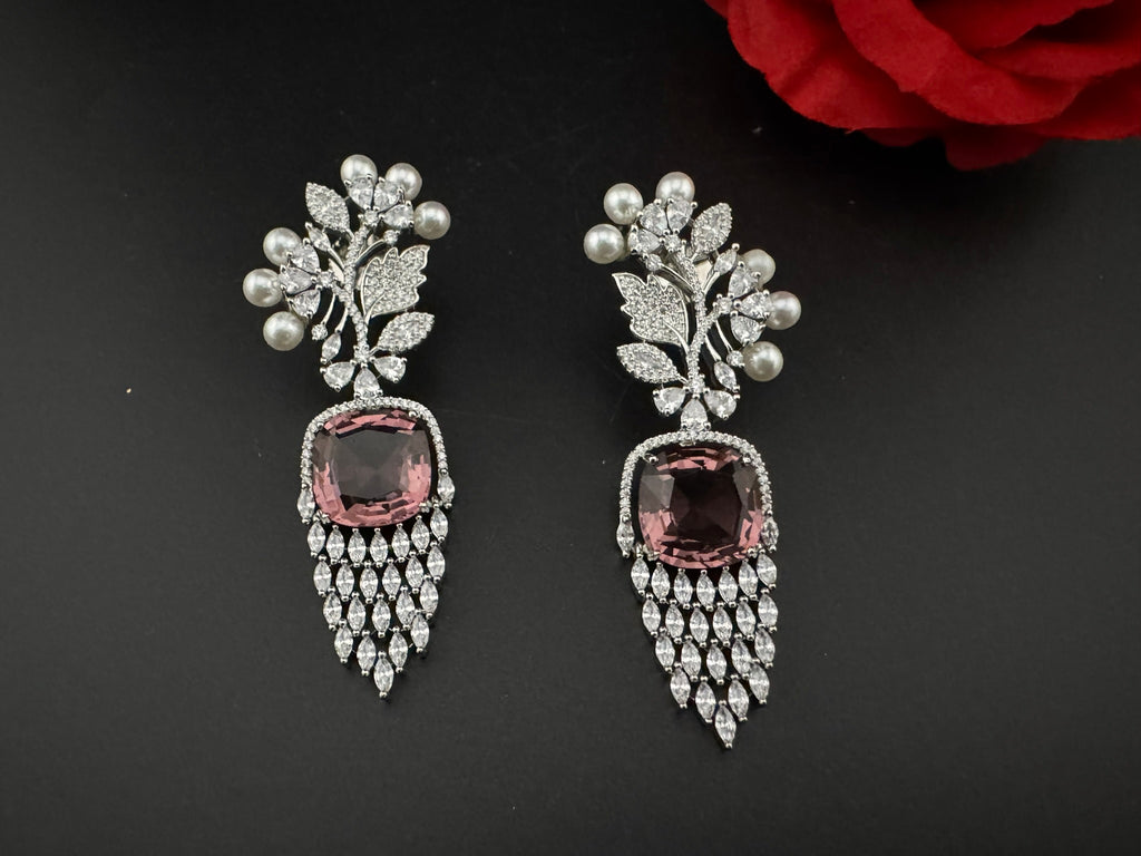 Premium Nano Setting Cubic Zirconia with Pearls is designer Inspired Statement Drop Dangle Long earring