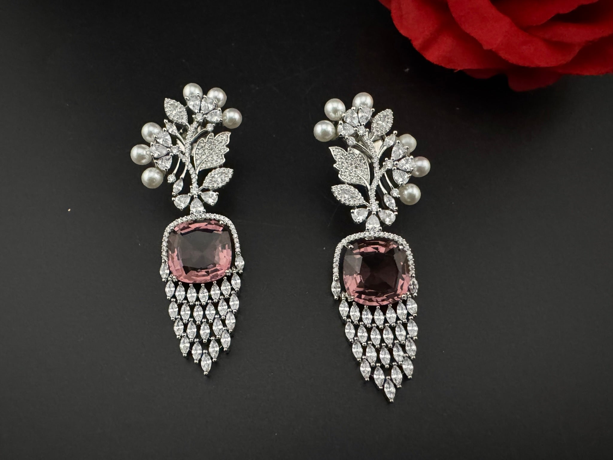 Premium Nano Setting Cubic Zirconia with Pearls is designer Inspired Statement Drop Dangle Long earring