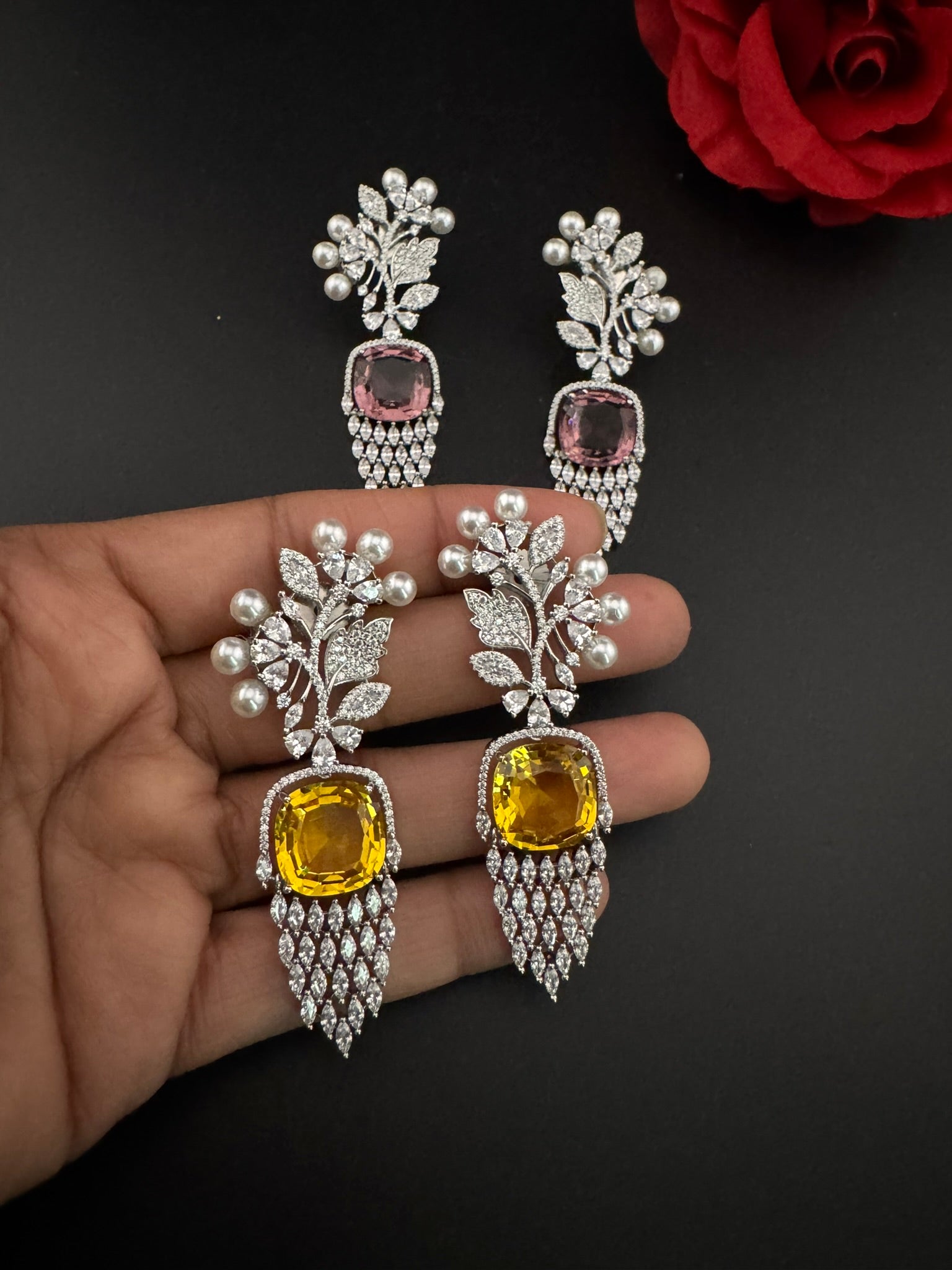 Premium Nano Setting Cubic Zirconia with Pearls is designer Inspired Statement Drop Dangle Long earring