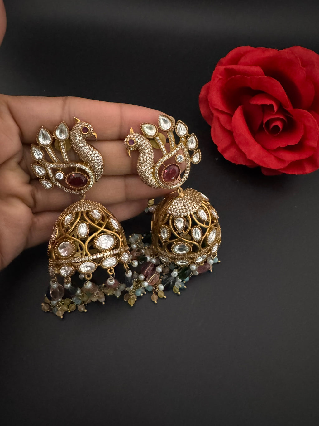 Premium Quality multicolor stones and pearls oversized in Matt Gold is Amrapali inspired designer Jhumka earrings/Indian earring/Bridal