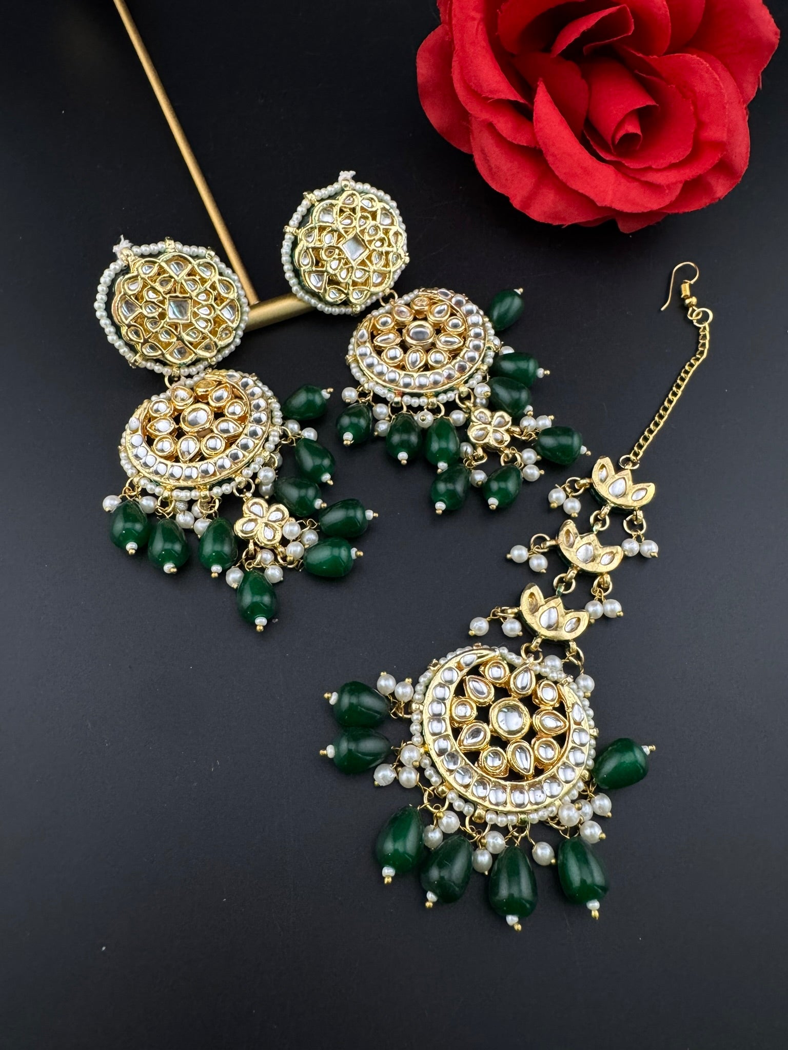 Premium Quality Kundan and pearls Gold plated designer inspired long chandbali earrings with Tikka/Indian earring/Bridal Jewelry