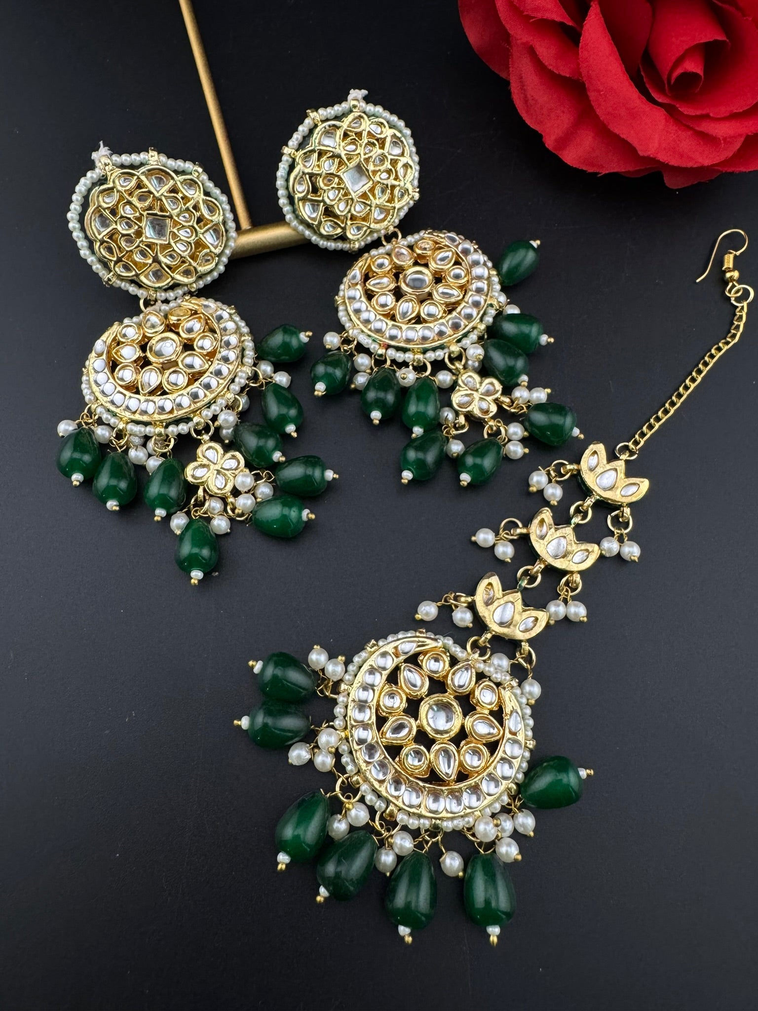 Premium Quality Kundan and pearls Gold plated designer inspired long chandbali earrings with Tikka/Indian earring/Bridal Jewelry