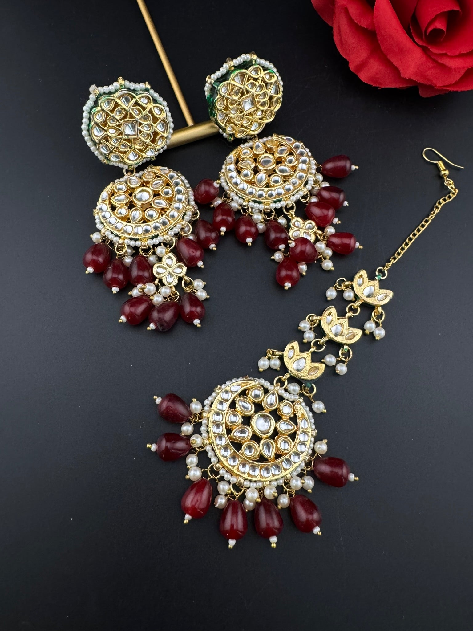 Premium Quality Kundan and pearls Gold plated designer inspired long chandbali earrings with Tikka/Indian earring/Bridal Jewelry