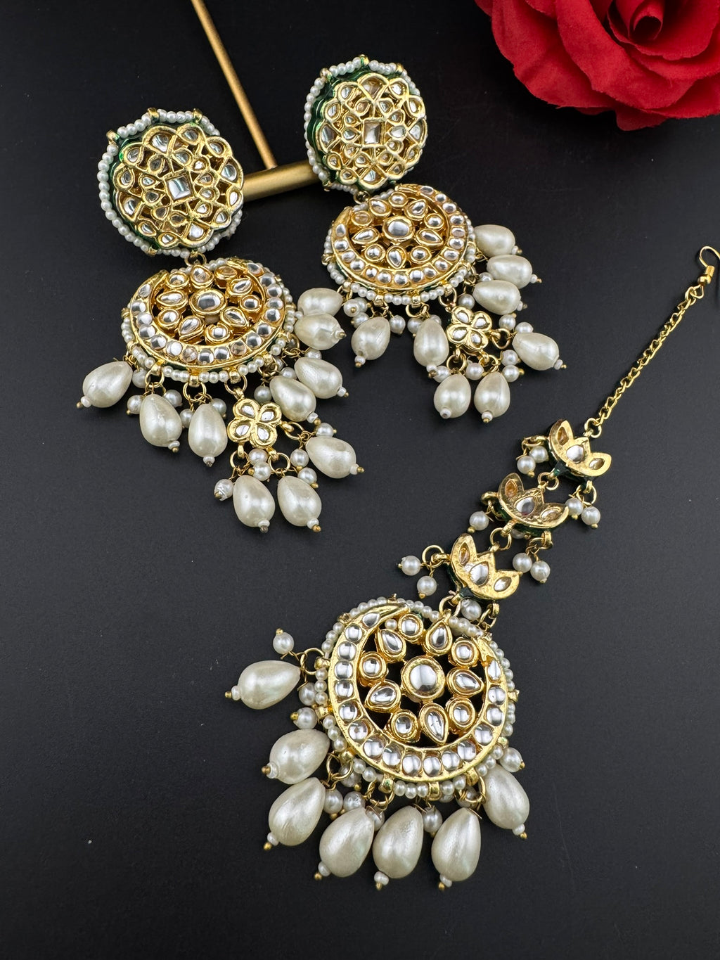 Premium Quality Kundan and pearls Gold plated designer inspired long chandbali earrings with Tikka/Indian earring/Bridal Jewelry