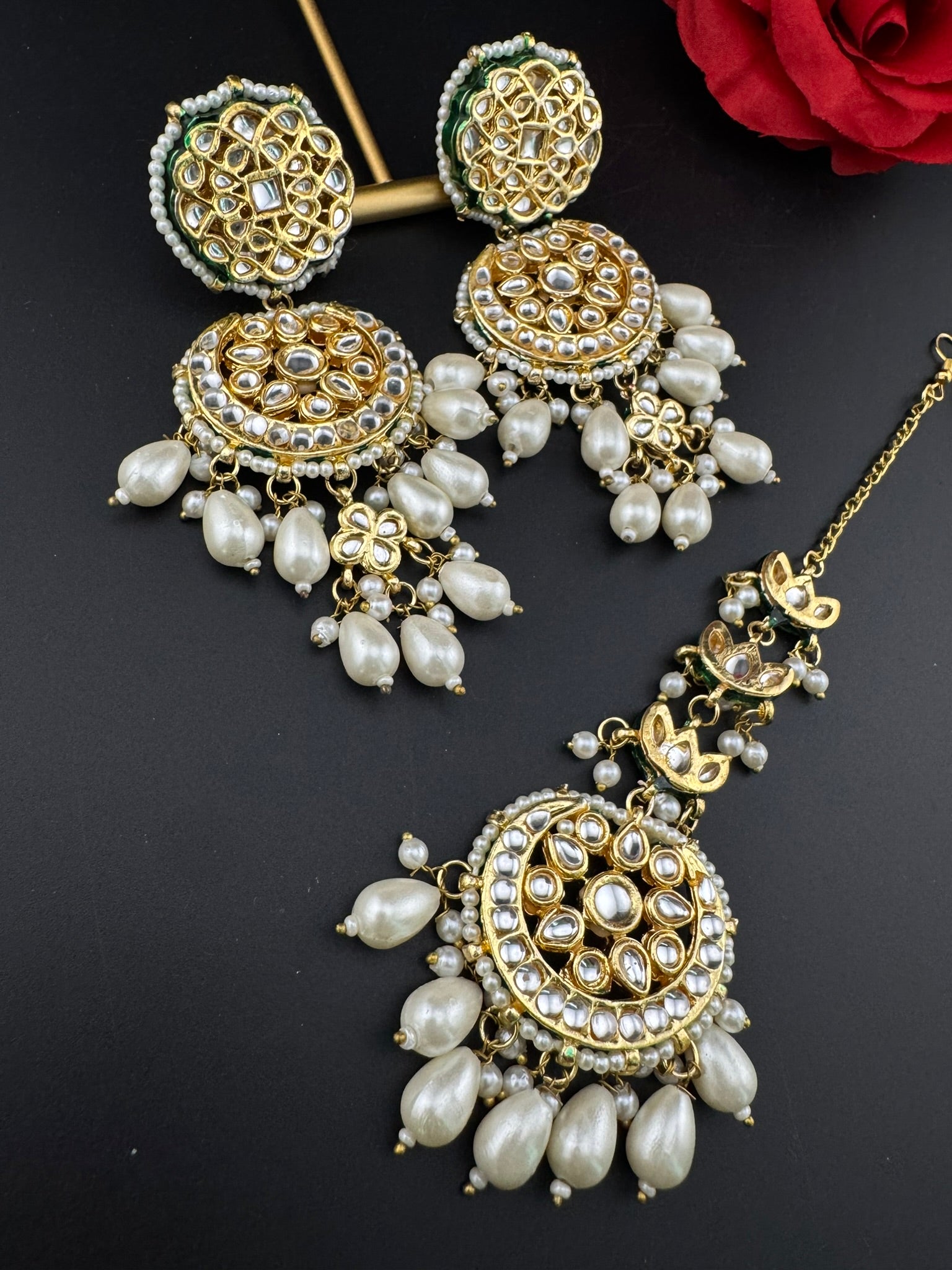 Premium Quality Kundan and pearls Gold plated designer inspired long chandbali earrings with Tikka/Indian earring/Bridal Jewelry