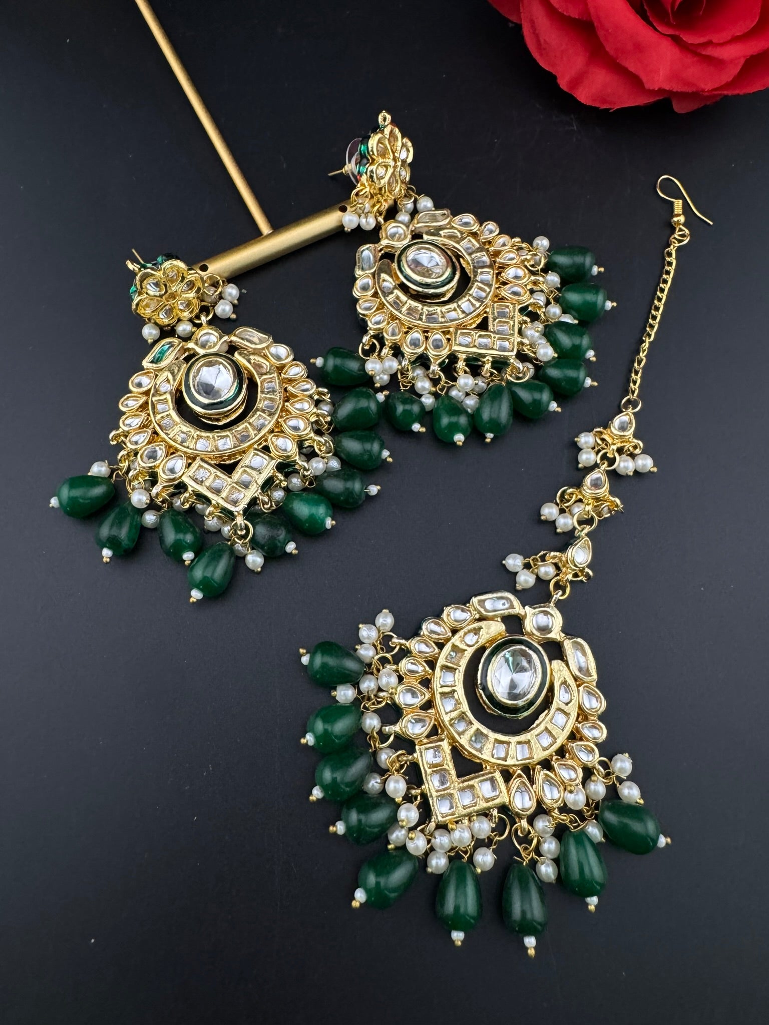 Premium Quality Kundan and pearls Gold plated designer inspired long chandbali earrings with Tikka/Indian earring/Bridal Jewelry (Copy)