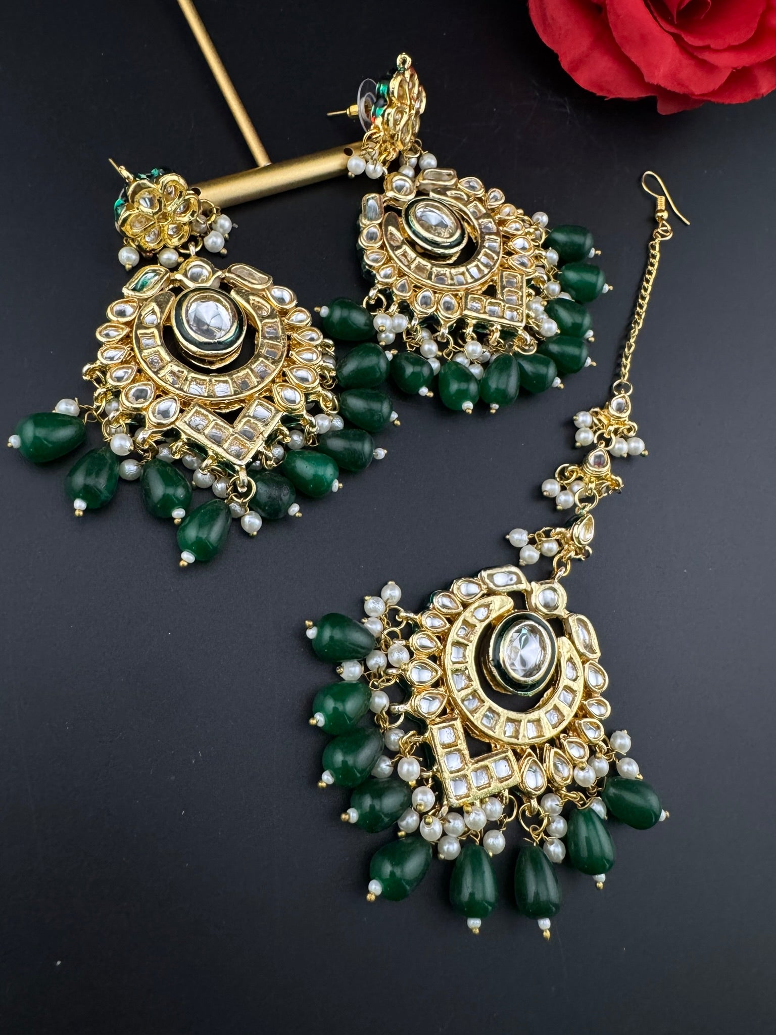 Premium Quality Kundan and pearls Gold plated designer inspired long chandbali earrings with Tikka/Indian earring/Bridal Jewelry (Copy)