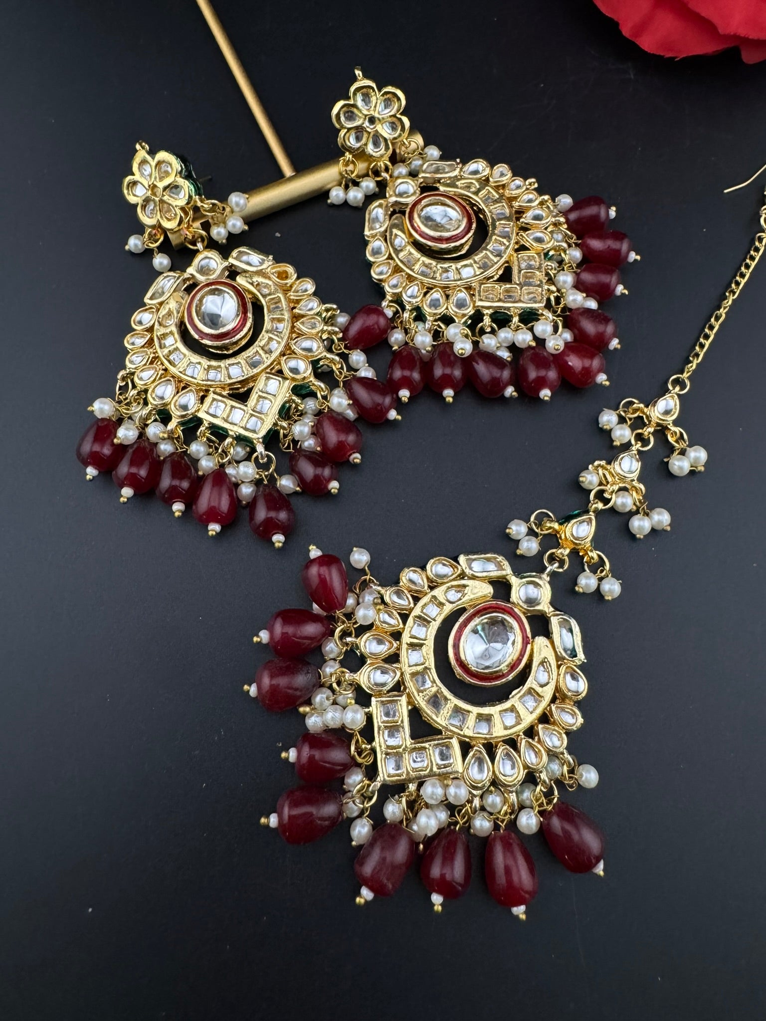 Premium Quality Kundan and pearls Gold plated designer inspired long chandbali earrings with Tikka/Indian earring/Bridal Jewelry (Copy)