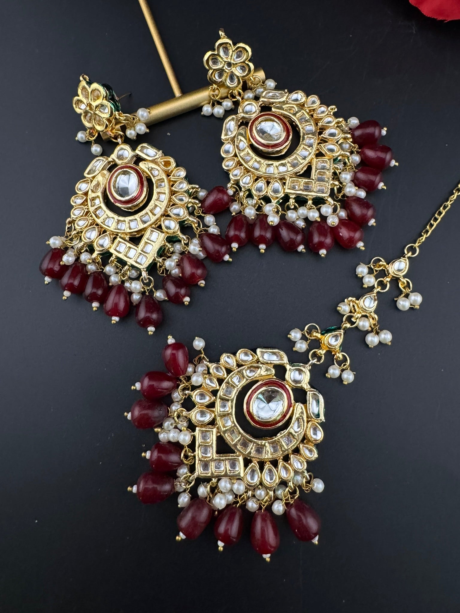 Premium Quality Kundan and pearls Gold plated designer inspired long chandbali earrings with Tikka/Indian earring/Bridal Jewelry (Copy)