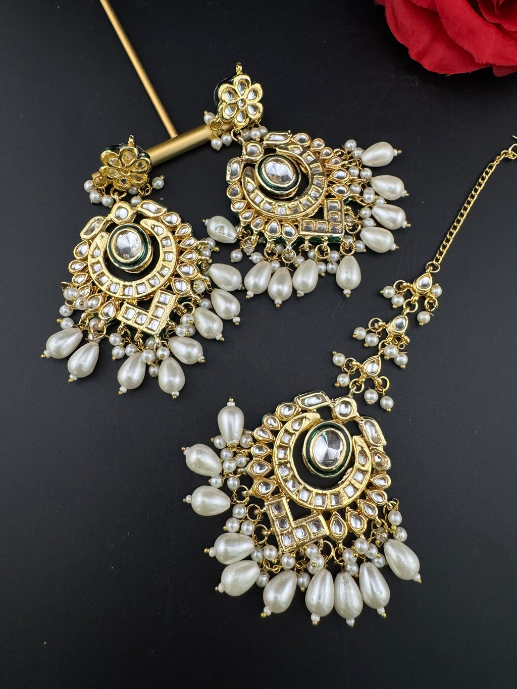 Premium Quality Kundan and pearls Gold plated designer inspired long chandbali earrings with Tikka/Indian earring/Bridal Jewelry (Copy)