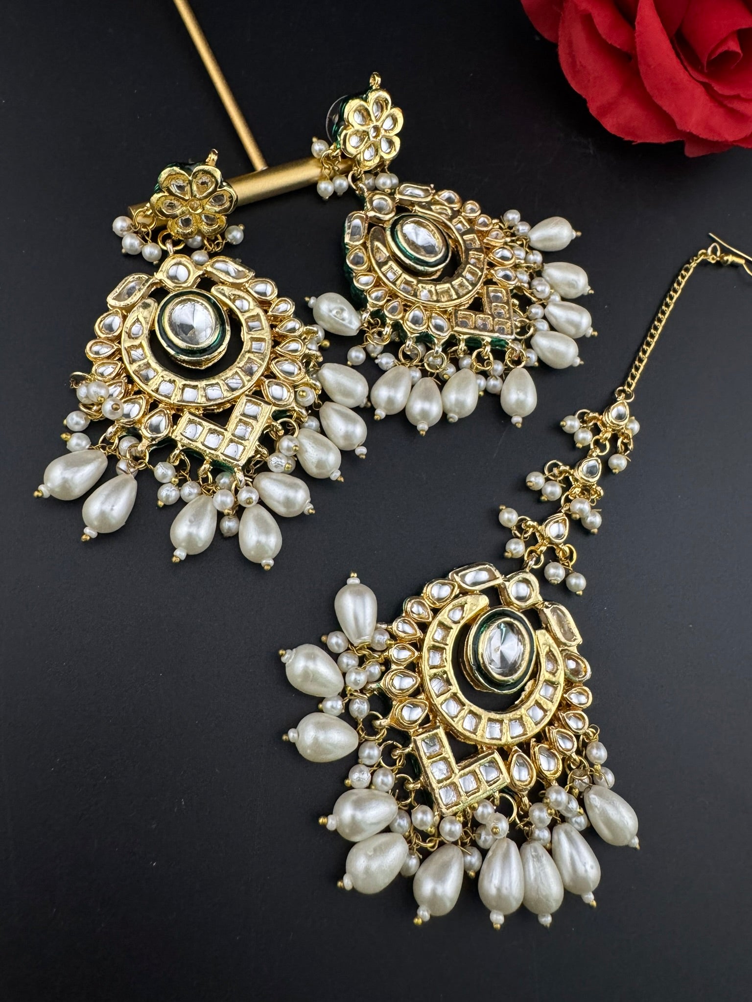 Premium Quality Kundan and pearls Gold plated designer inspired long chandbali earrings with Tikka/Indian earring/Bridal Jewelry (Copy)