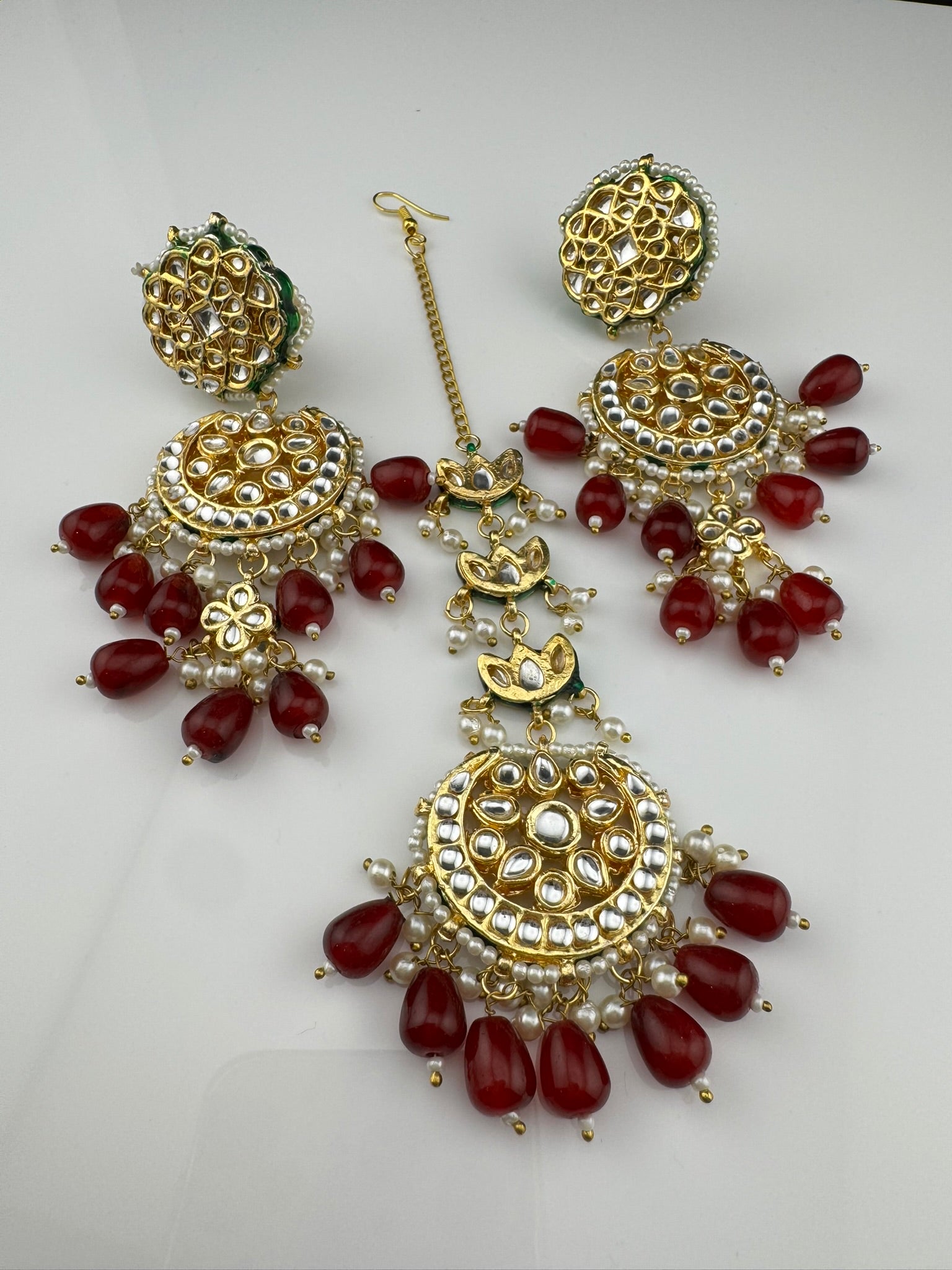 Premium Quality Kundan and pearls Gold plated designer inspired long chandbali earrings with Tikka/Indian earring/Bridal Jewelry