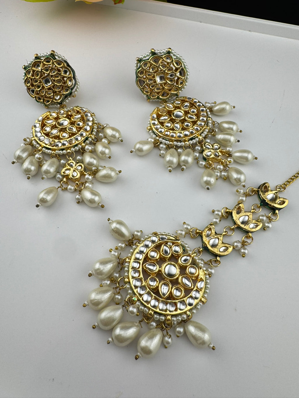 Premium Quality Kundan and pearls Gold plated designer inspired long chandbali earrings with Tikka/Indian earring/Bridal Jewelry