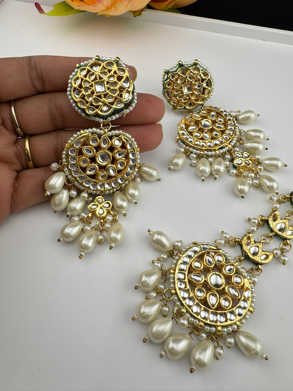 Premium Quality Kundan and pearls Gold plated designer inspired long chandbali earrings with Tikka/Indian earring/Bridal Jewelry