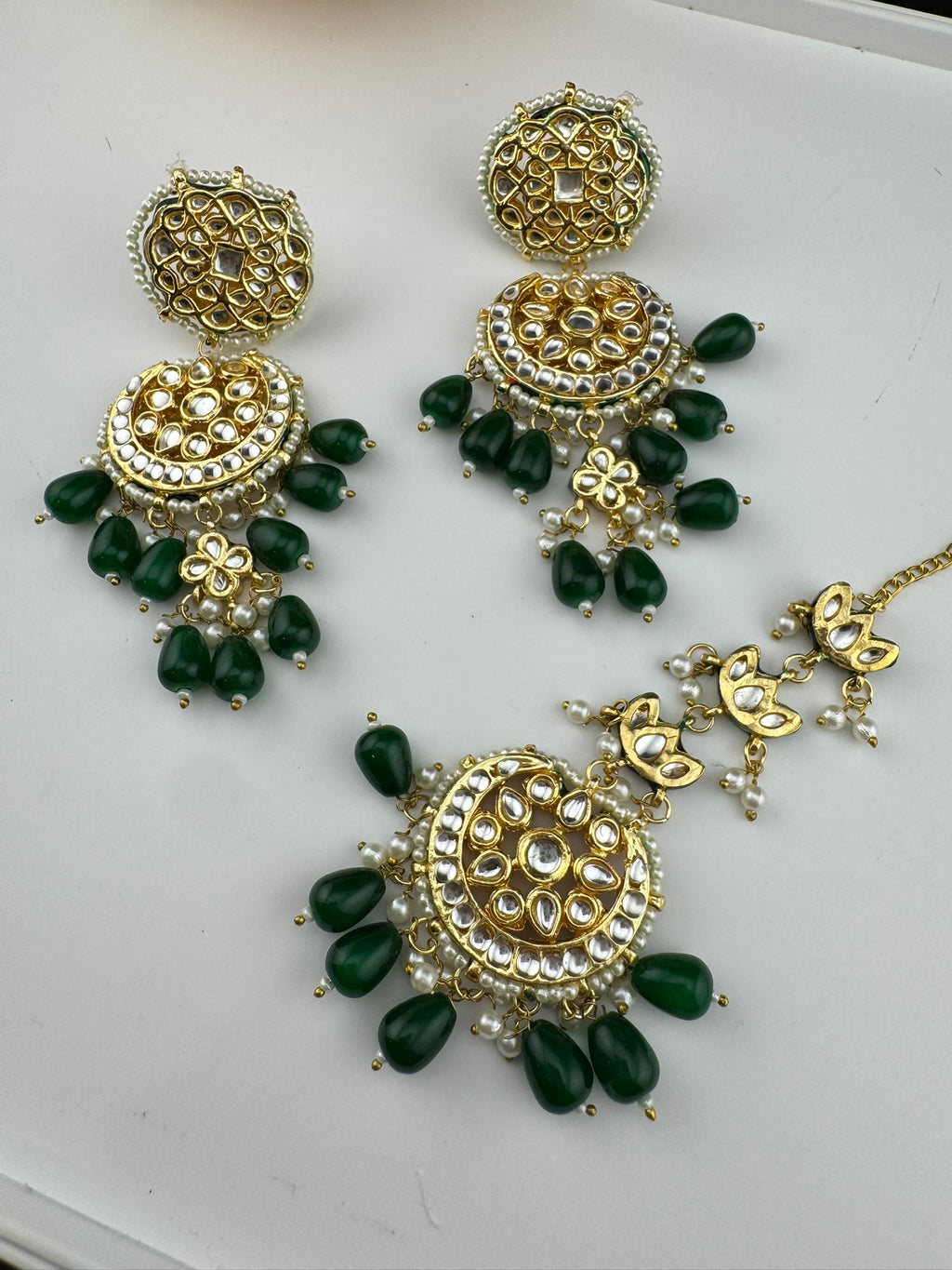 Premium Quality Kundan and pearls Gold plated designer inspired long chandbali earrings with Tikka/Indian earring/Bridal Jewelry