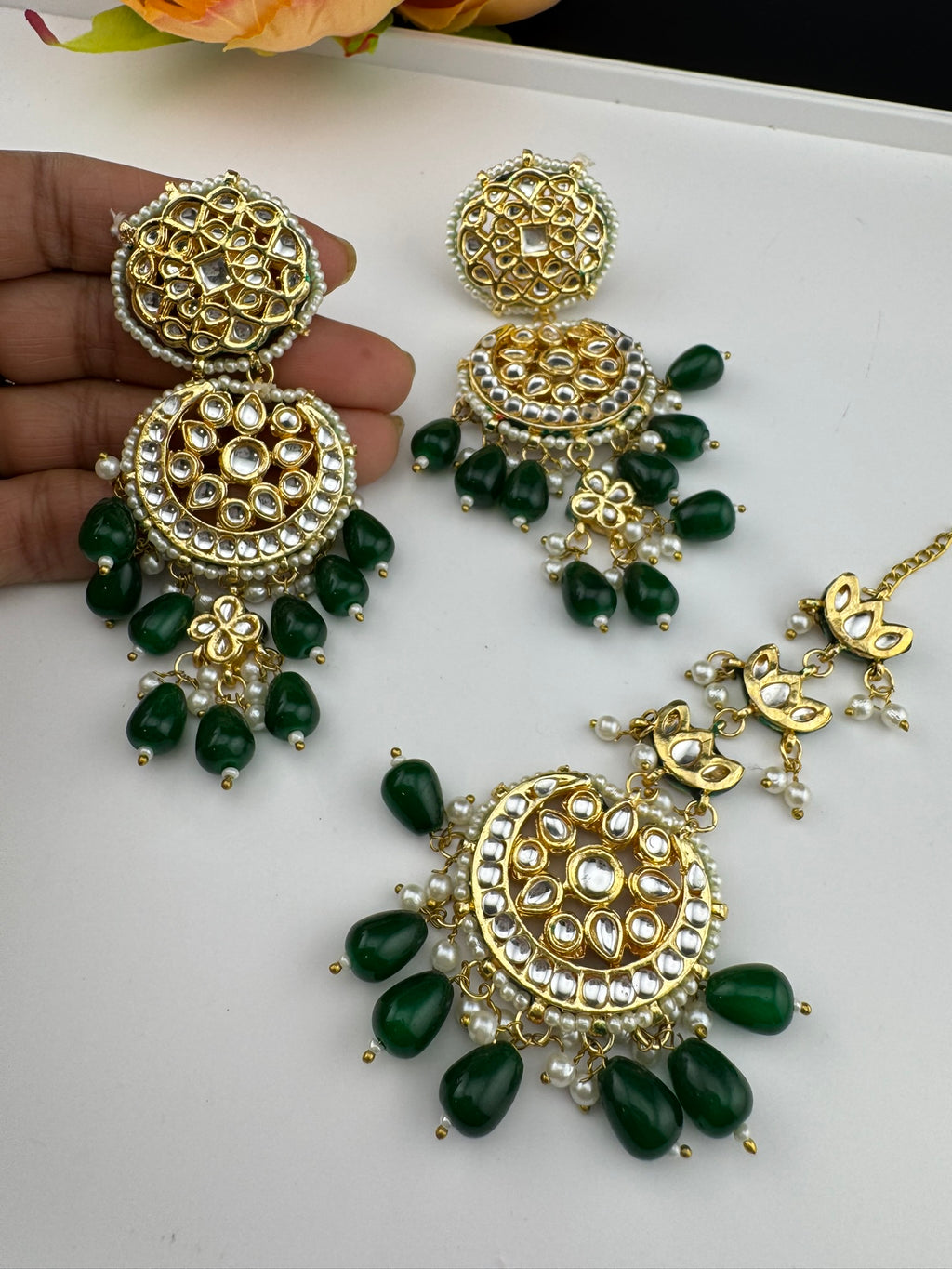 Premium Quality Kundan and pearls Gold plated designer inspired long chandbali earrings with Tikka/Indian earring/Bridal Jewelry