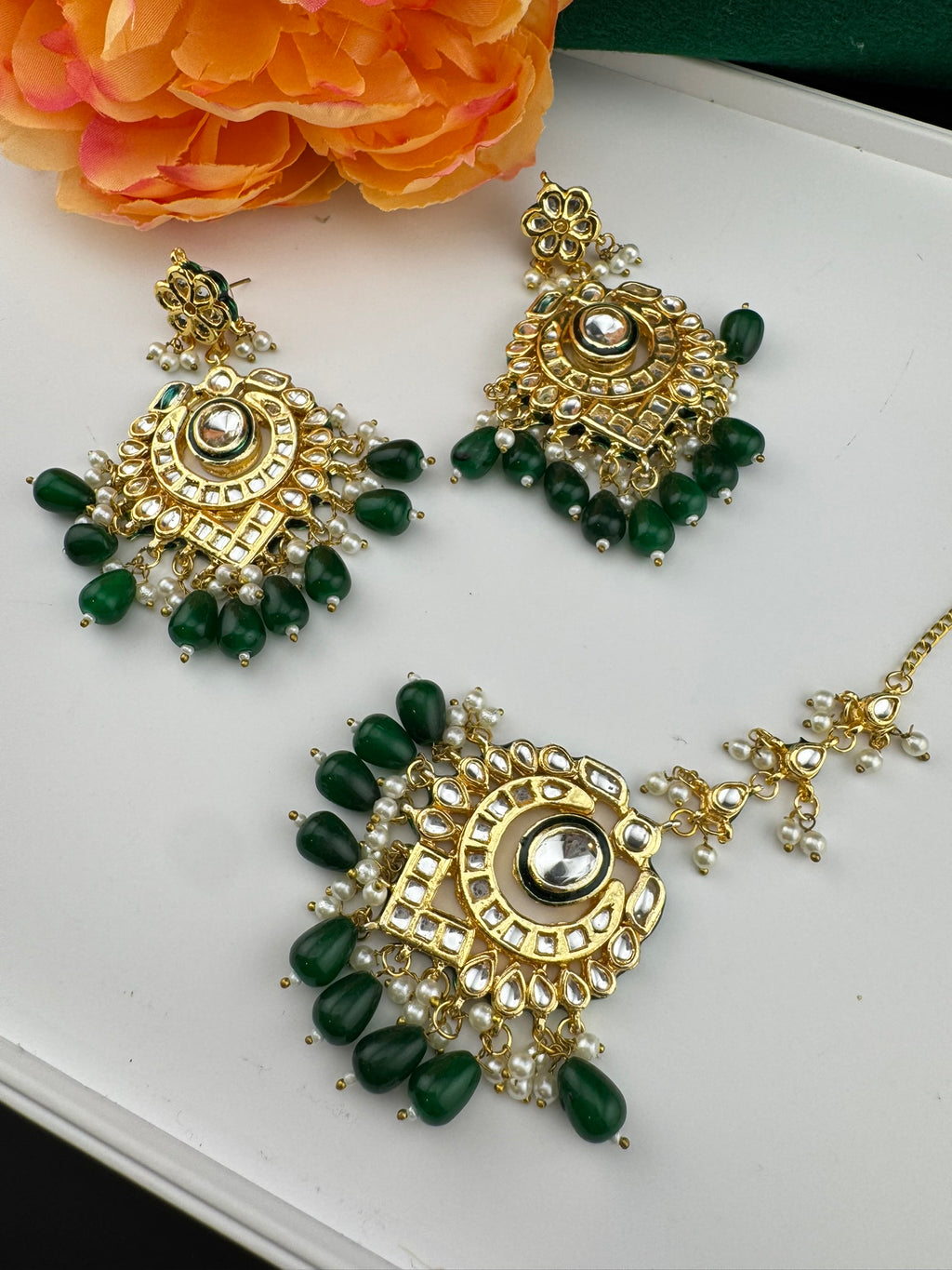 Premium Quality Kundan and pearls Gold plated designer inspired long chandbali earrings with Tikka/Indian earring/Bridal Jewelry (Copy)