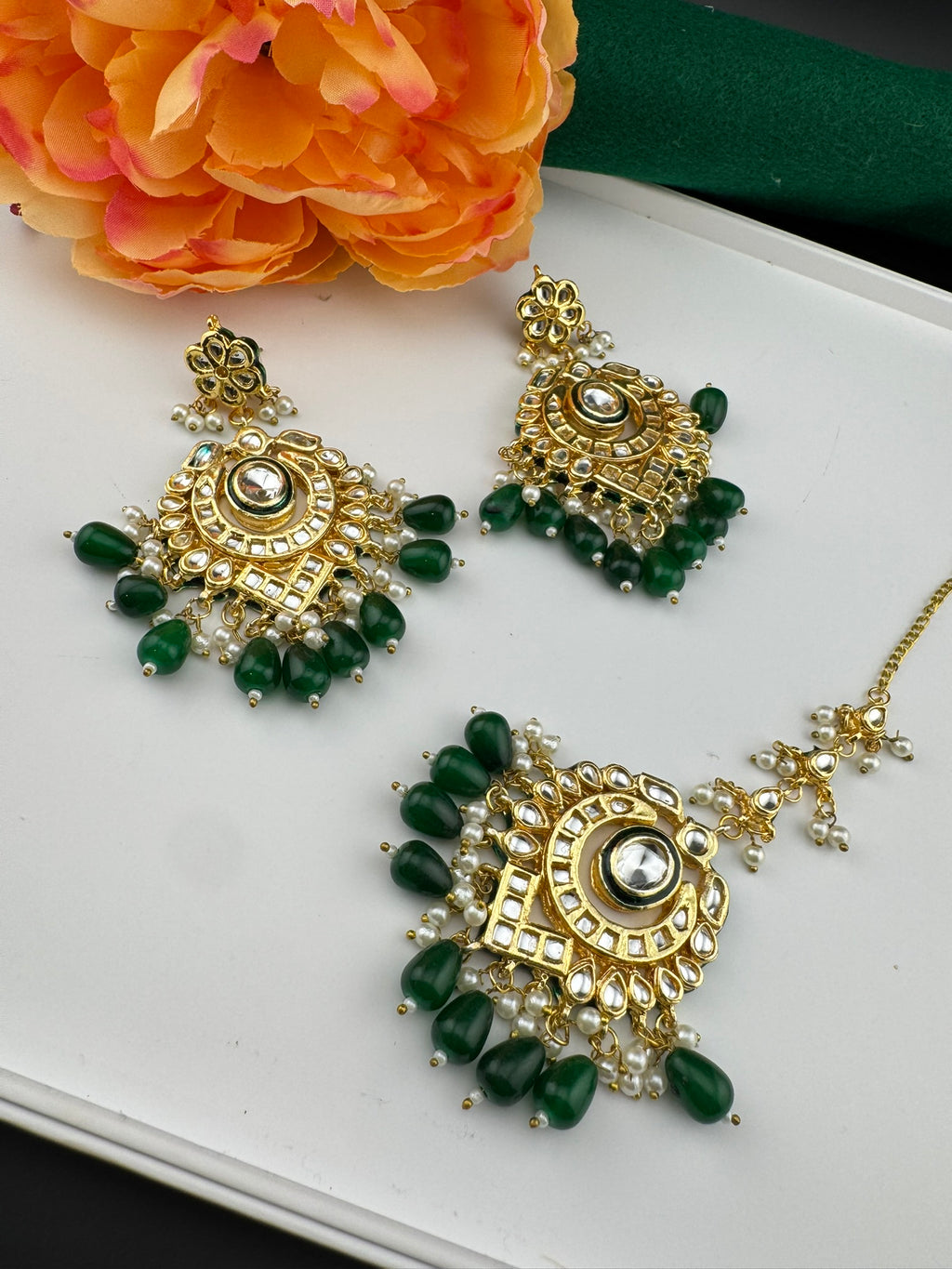 Premium Quality Kundan and pearls Gold plated designer inspired long chandbali earrings with Tikka/Indian earring/Bridal Jewelry (Copy)