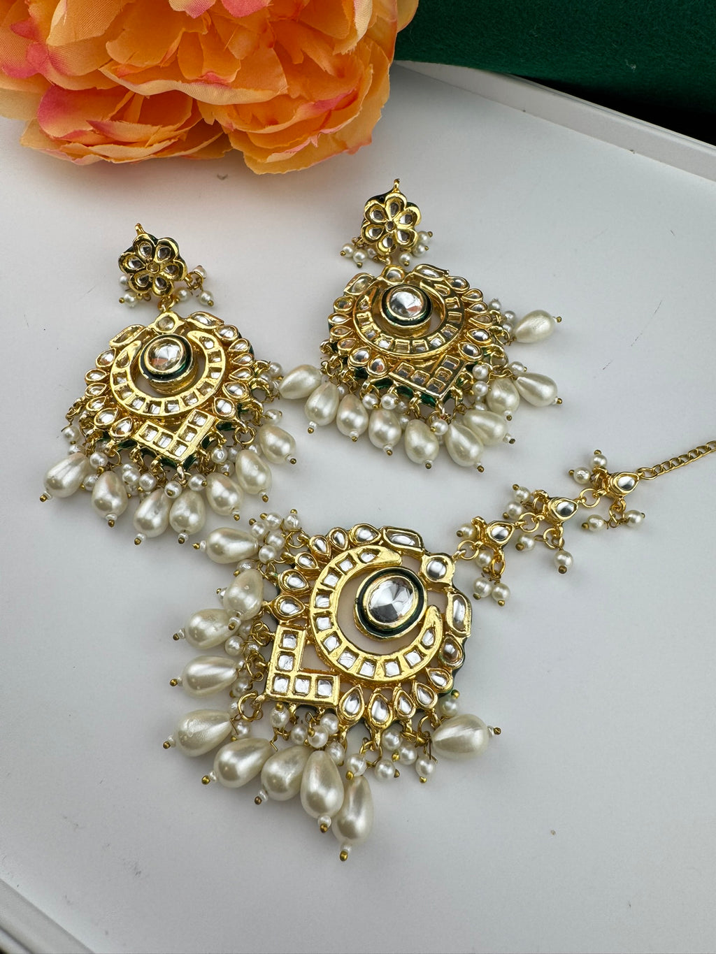 Premium Quality Kundan and pearls Gold plated designer inspired long chandbali earrings with Tikka/Indian earring/Bridal Jewelry (Copy)