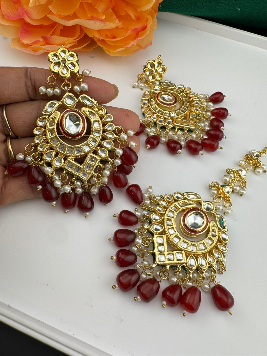 Premium Quality Kundan and pearls Gold plated designer inspired long chandbali earrings with Tikka/Indian earring/Bridal Jewelry (Copy)