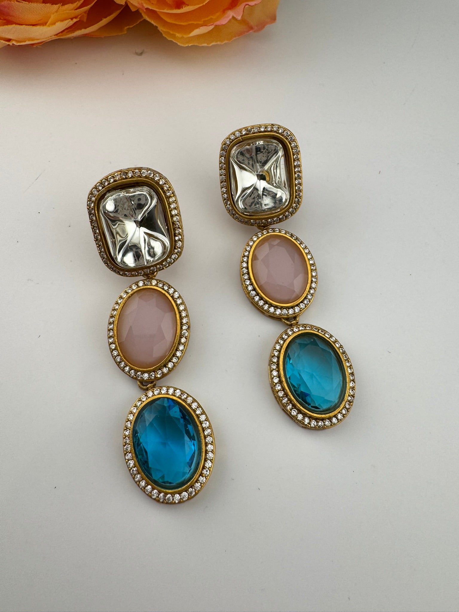 Premium High Quality Gold Polish Uncut Kundan, CZ details with crystal stone long earrings/Chandelier earrings/Drop Earrings/Indian jewelry