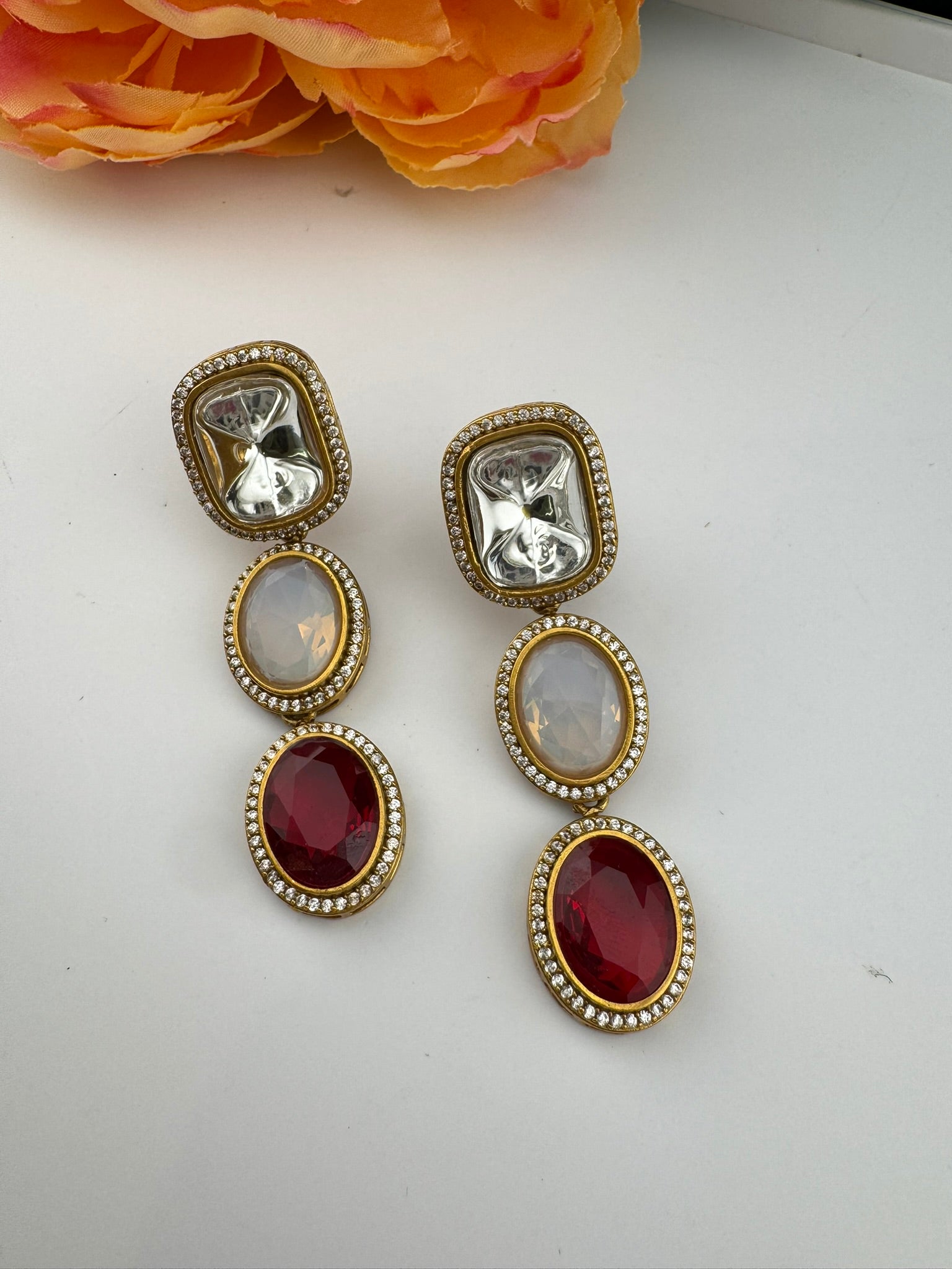 Premium High Quality Gold Polish Uncut Kundan, CZ details with crystal stone long earrings/Chandelier earrings/Drop Earrings/Indian jewelry