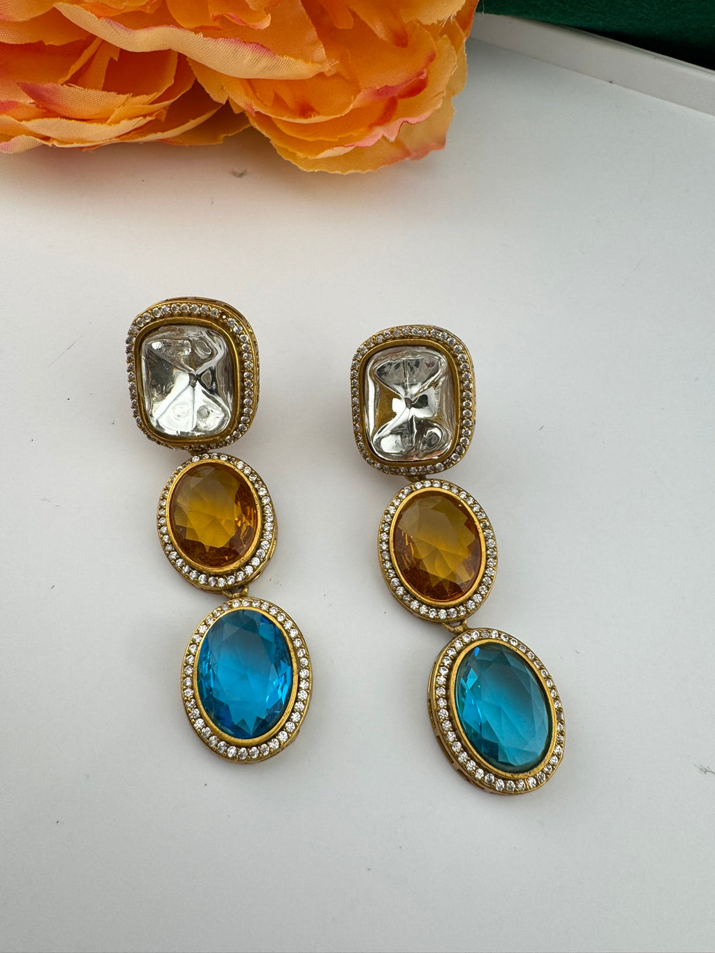 Premium High Quality Gold Polish Uncut Kundan, CZ details with crystal stone long earrings/Chandelier earrings/Drop Earrings/Indian jewelry