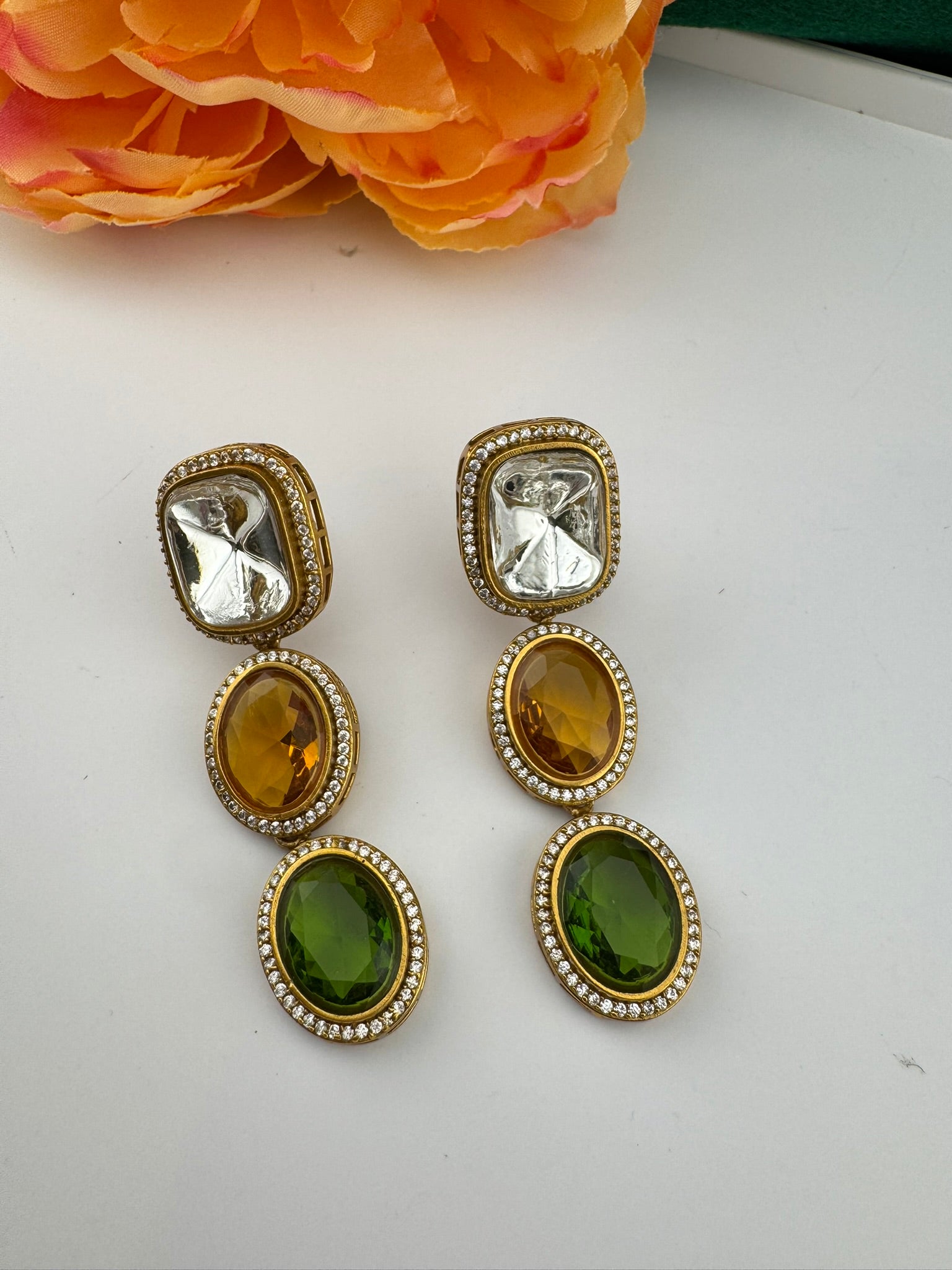 Premium High Quality Gold Polish Uncut Kundan, CZ details with crystal stone long earrings/Chandelier earrings/Drop Earrings/Indian jewelry