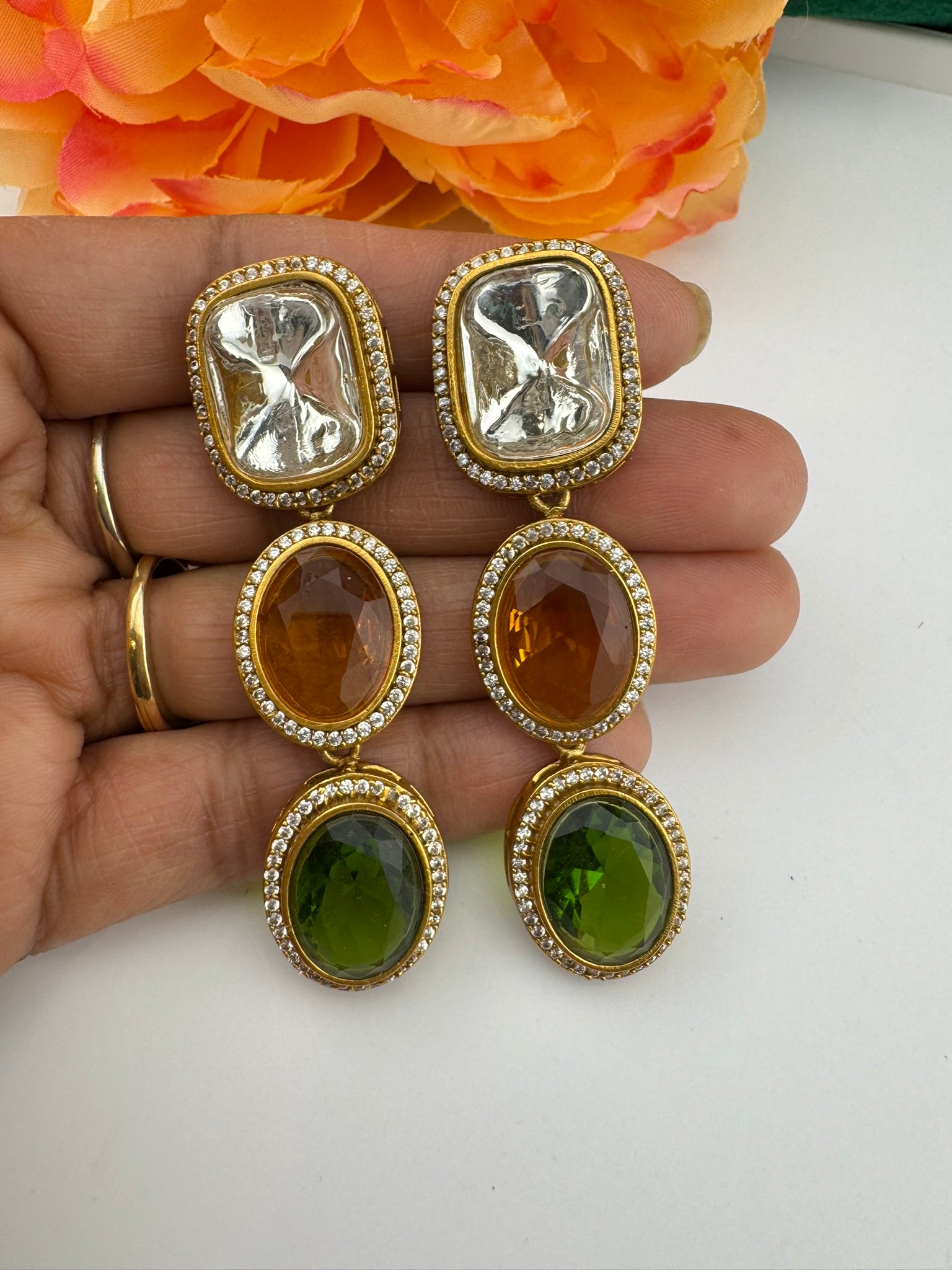 Premium High Quality Gold Polish Uncut Kundan, CZ details with crystal stone long earrings/Chandelier earrings/Drop Earrings/Indian jewelry