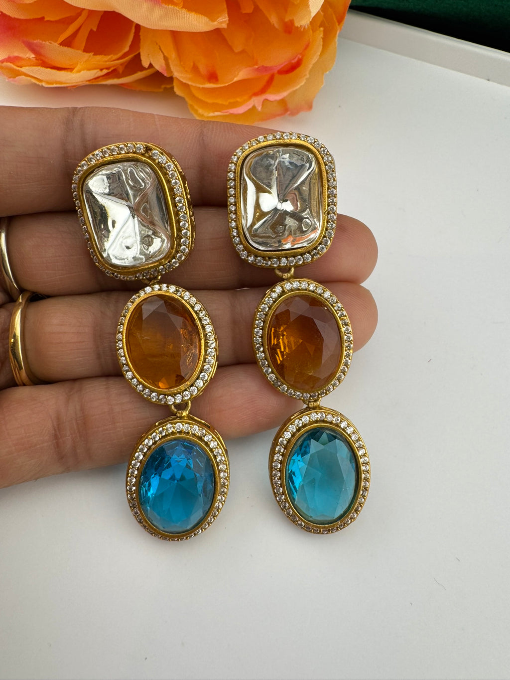 Premium High Quality Gold Polish Uncut Kundan, CZ details with crystal stone long earrings/Chandelier earrings/Drop Earrings/Indian jewelry