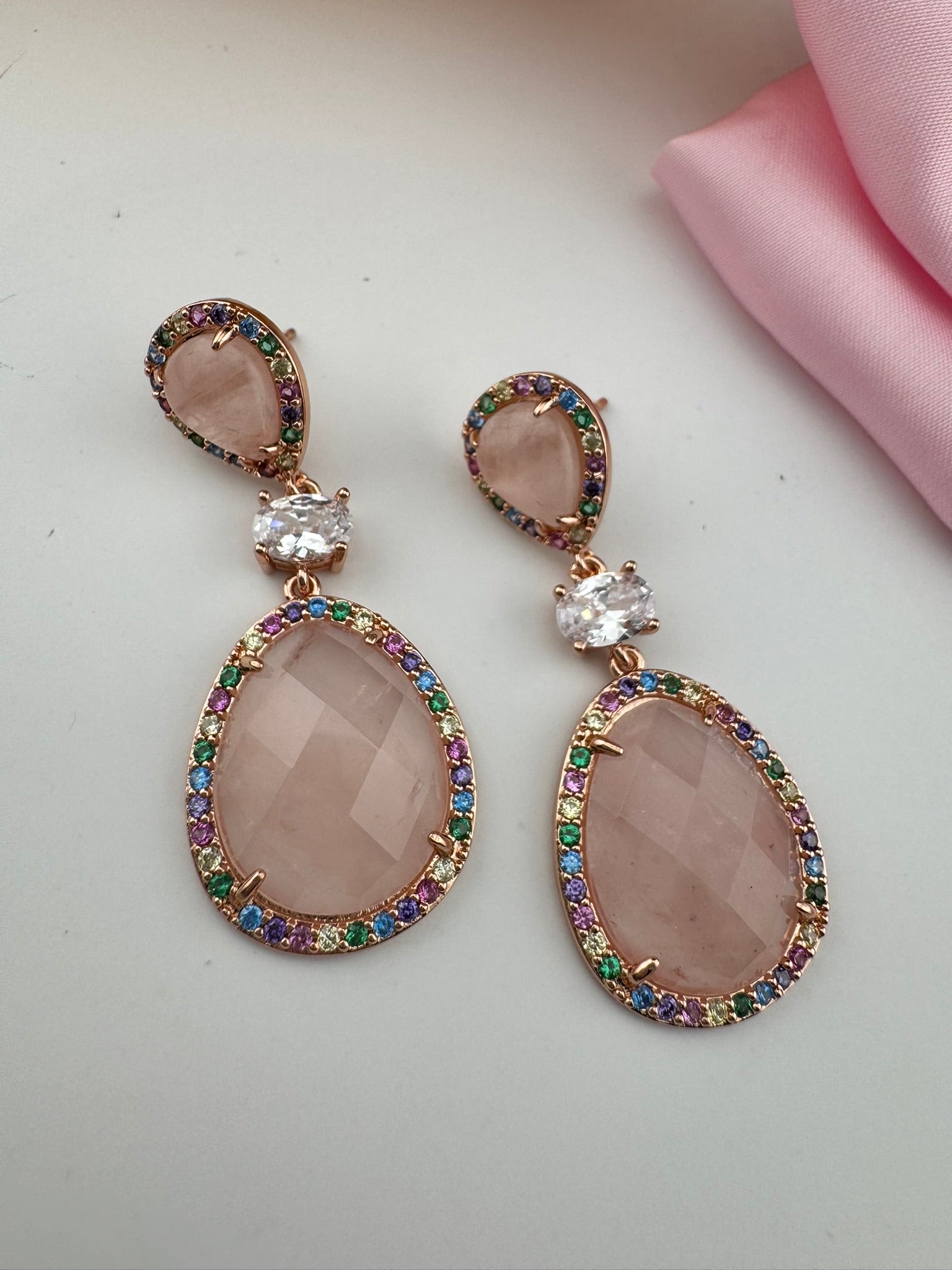 Premium 925 silver polish Pink Natural stone, CZ, Drop earring is designer inspired Drop Dangle earrings/Unique earrings/Indian Jewelry