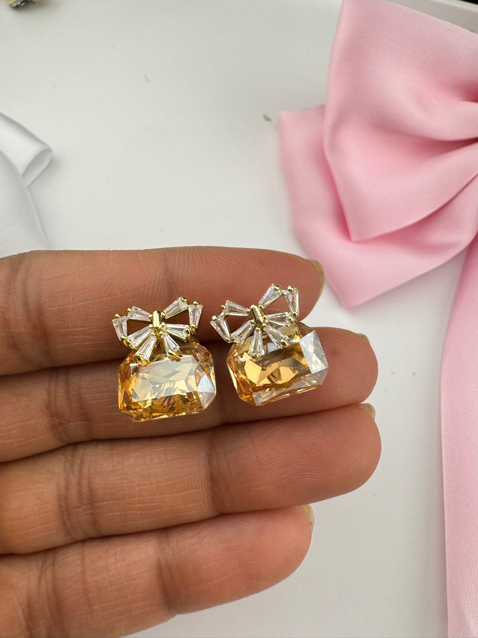 Premium Bow Cubic Zirconia and Crystal stone, gold color, Swarovski Inspired Statement earrings/Partywear earrings/kids jewelry/Small Studs
