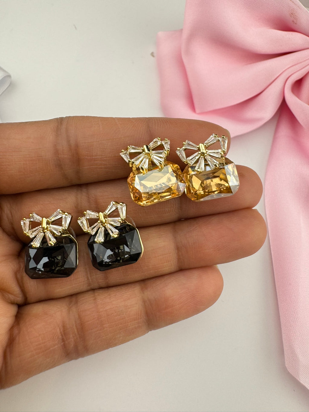Premium Bow Cubic Zirconia and Crystal stone, gold color, Swarovski Inspired Statement earrings/Partywear earrings/kids jewelry/Small Studs