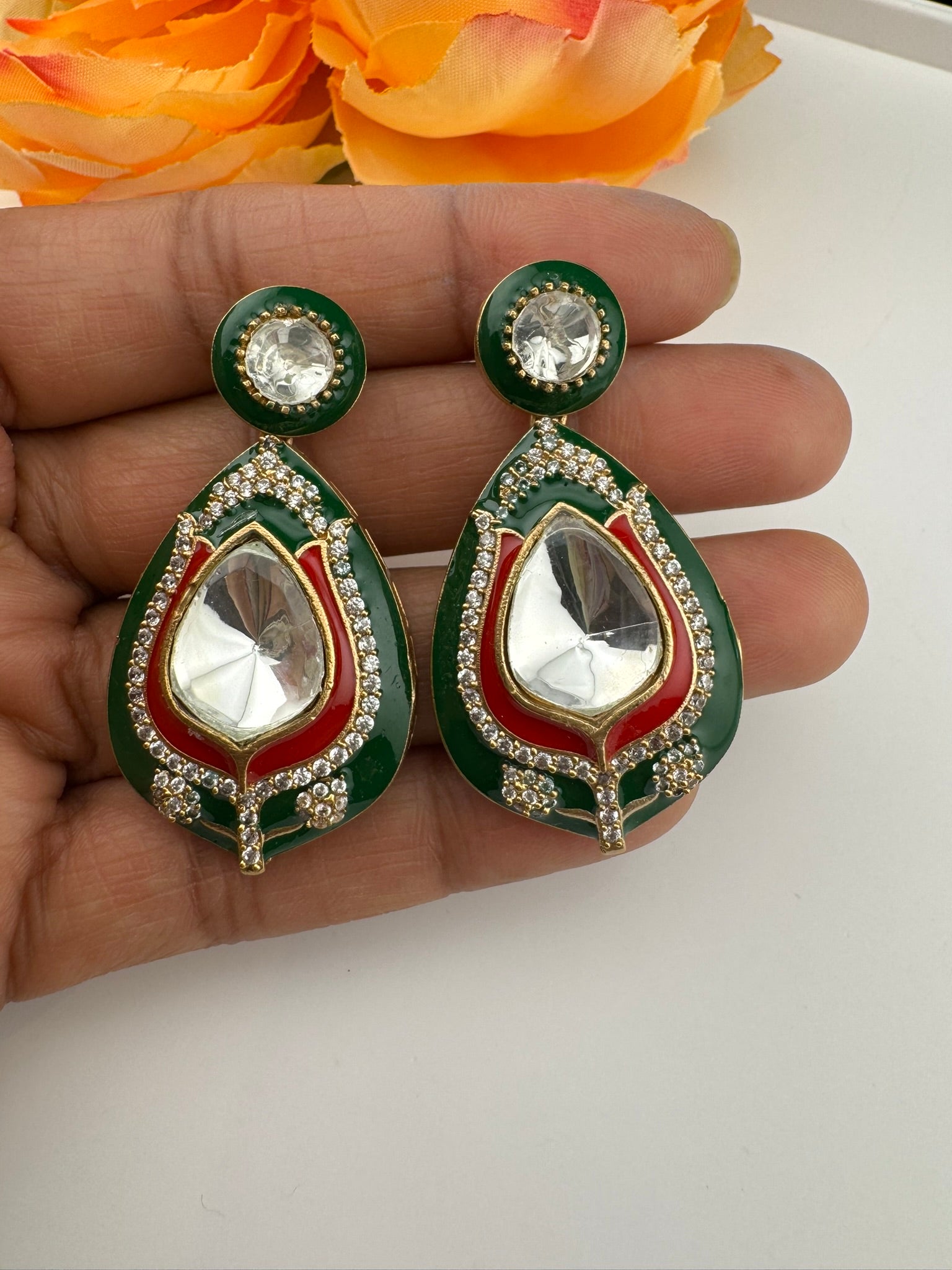 Premium uncut kundan and Cubic Zirconia with Italian Minakari is a designer dangle earrings/Indian earring/Bridal Jewelry/Designer Inspired
