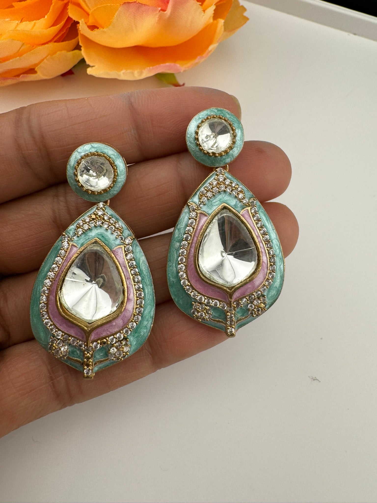 Premium uncut kundan and Cubic Zirconia with Italian Minakari is a designer dangle earrings/Indian earring/Bridal Jewelry/Designer Inspired